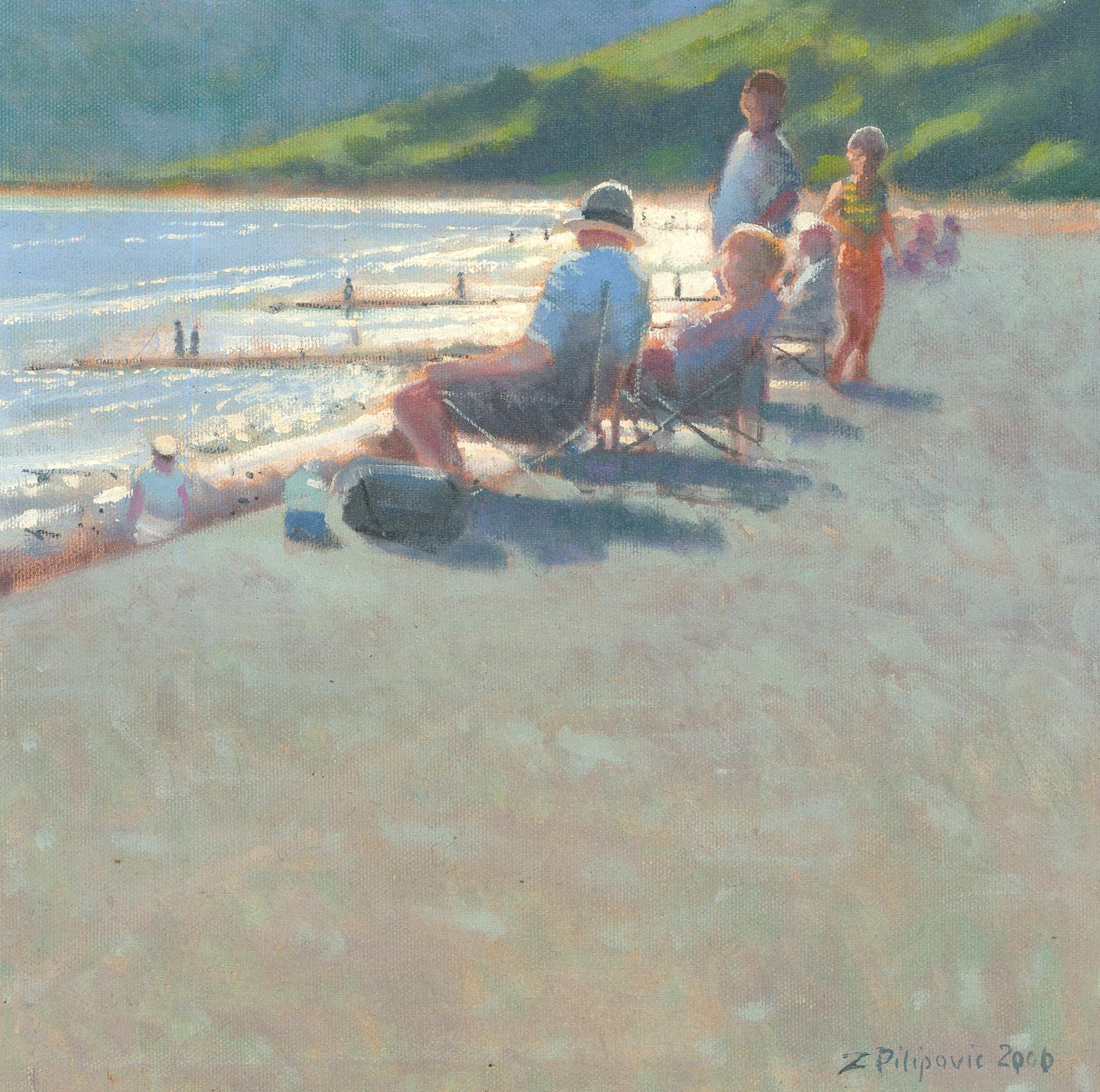 A charming oil study depicting a group of people on the beach. The sit in low deck chairs as they look out to see where others fish and swim. Signed and dated to the lower right. On canvas.
