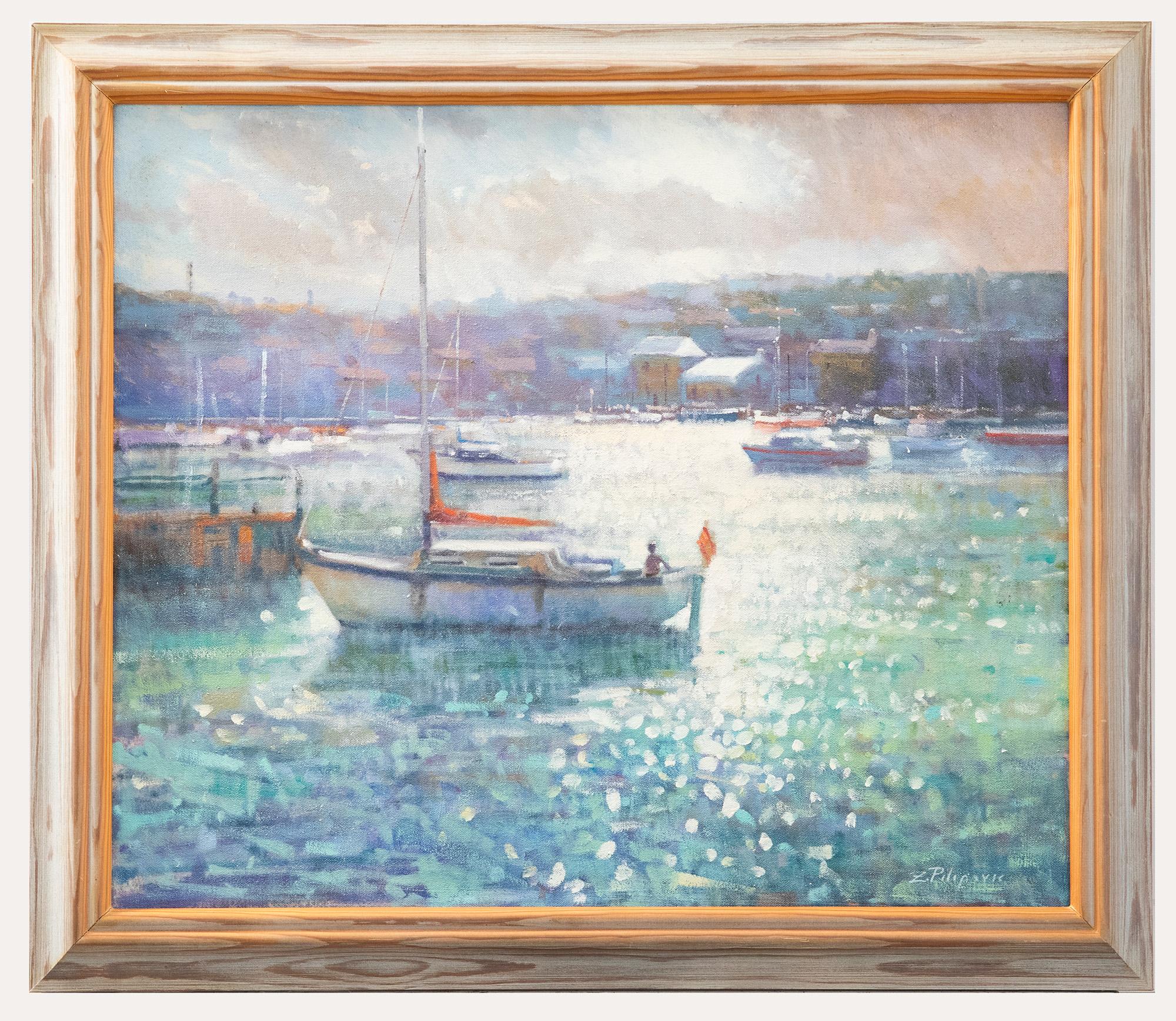 A charming view of a harbour with late afternoon sun reflecting from the water's surface. Signed to the lower right. Presented in a wooden frame. On canvas.
