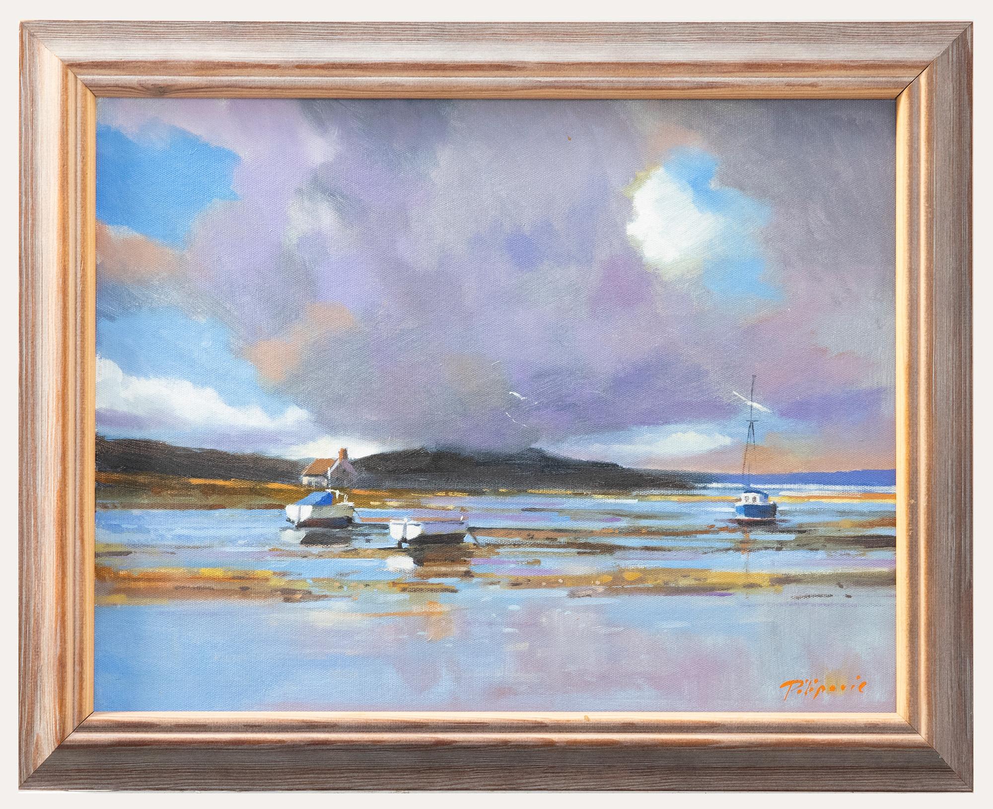 A calming estuary scene at low tide with boats moored on mud flats. Signed Pilipovic to the lower right. Well-presented in a complimenting contemporary frame. On canvas board.

