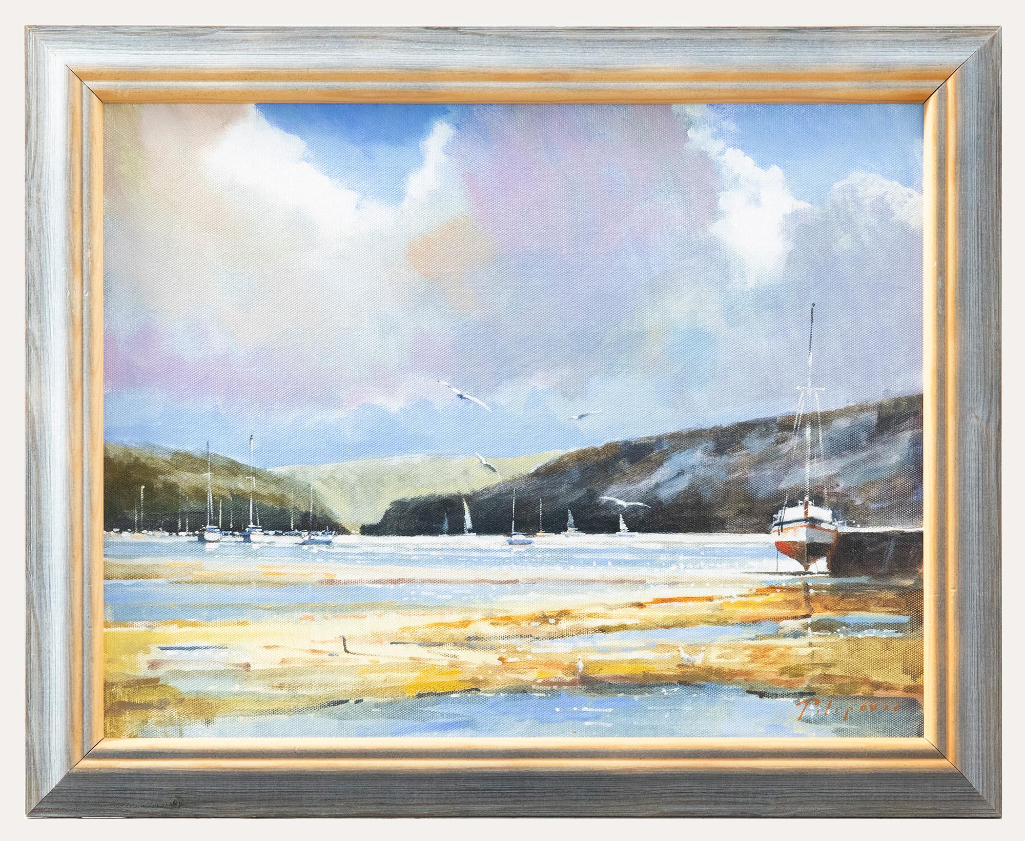 A calming estuary scene at low tide with gulls swooping in on mud flats. Signed Pilipovic to the lower right. Well-presented in a complimenting contemporary frame. On canvas board.
