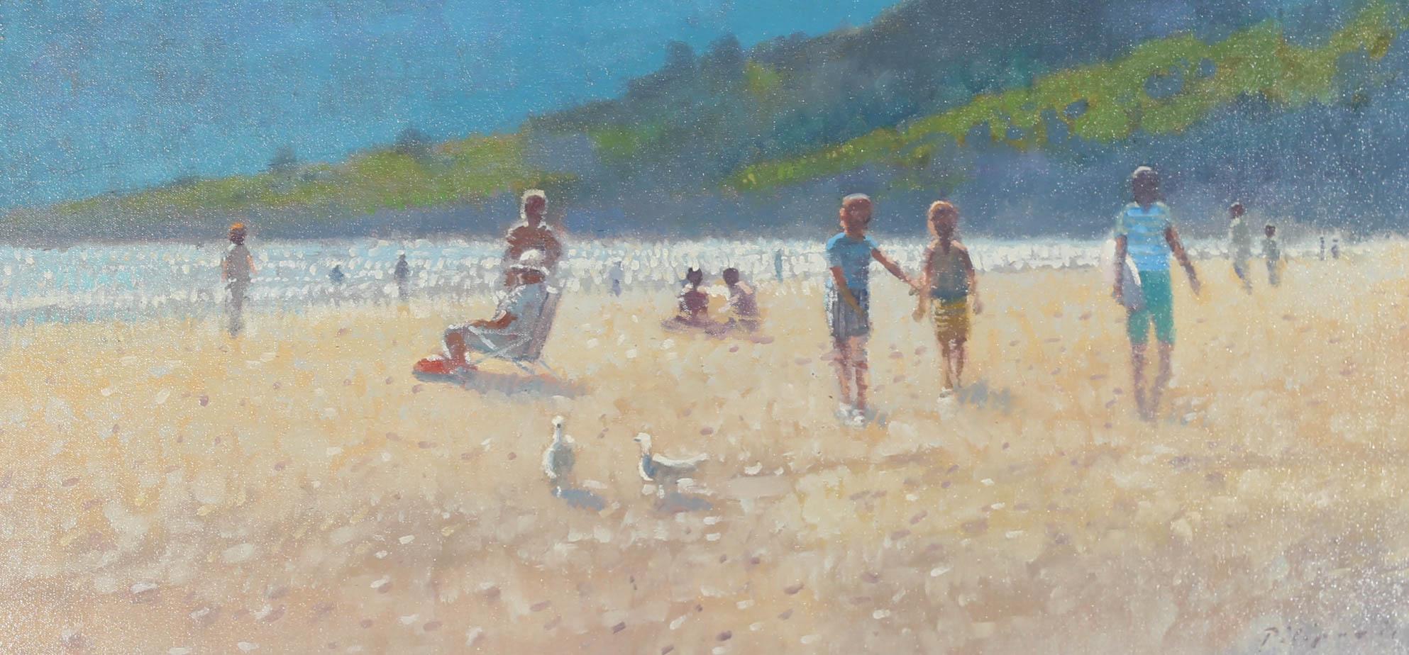 A charming coastal beach scene, showing summer sunlight playing off sea water with beach goers and sunbathers in the foreground. The artist has signed to the lower right corner and the painting has been presented in a complimenting granite-effect