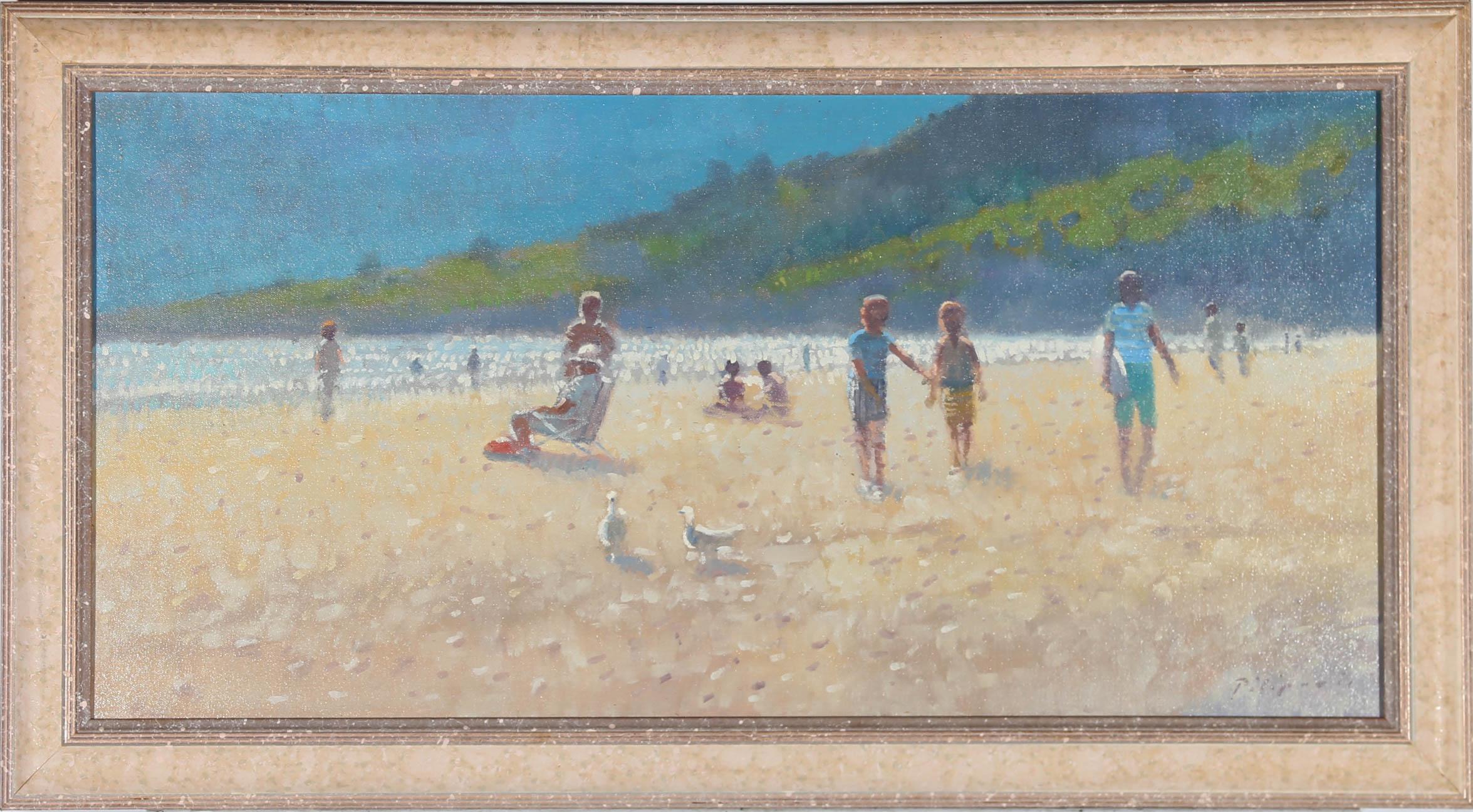 Un'affascinante scena di spiaggia costiera, che mostra la luce del sole estivo che gioca con l'acqua del mare, con bagnanti e bagnanti in primo piano. L'artista ha apposto la sua firma nell'angolo in basso a destra e il dipinto è stato presentato in