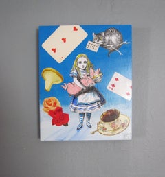 "Alice & das Schweinchen" - Zeitgenössische surrealistische Pop-Collage auf Wood