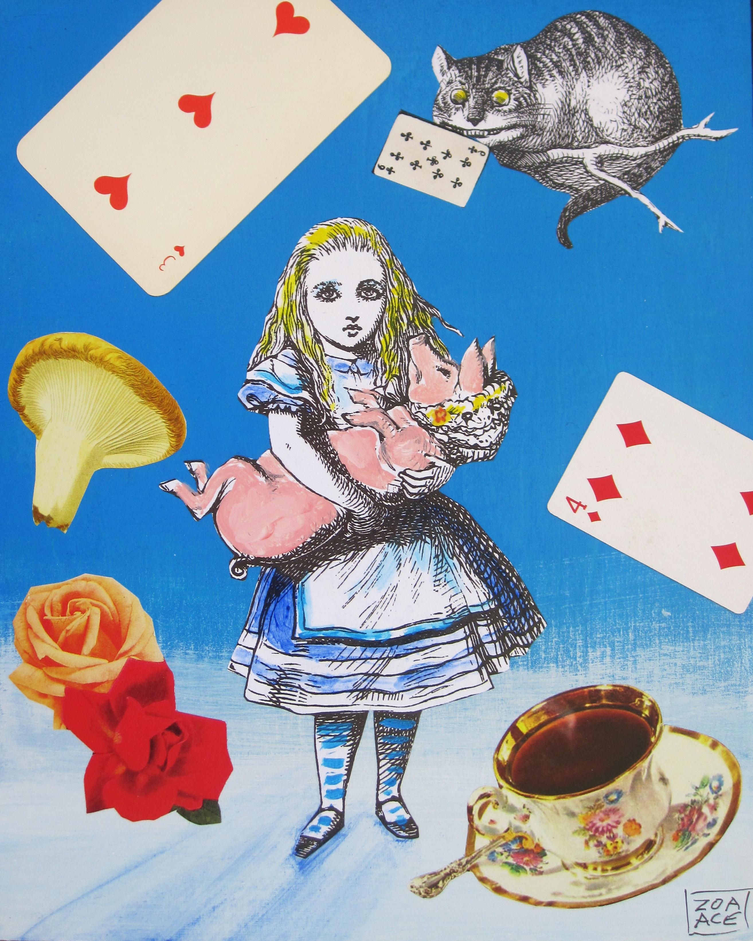 "Alice & the Piglet" - Contemporary Surrealist Pop Collage on Wood