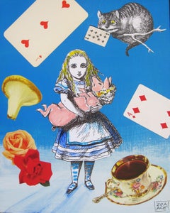 "Alice & das Schweinchen" - Zeitgenössische surrealistische Pop-Collage auf Wood