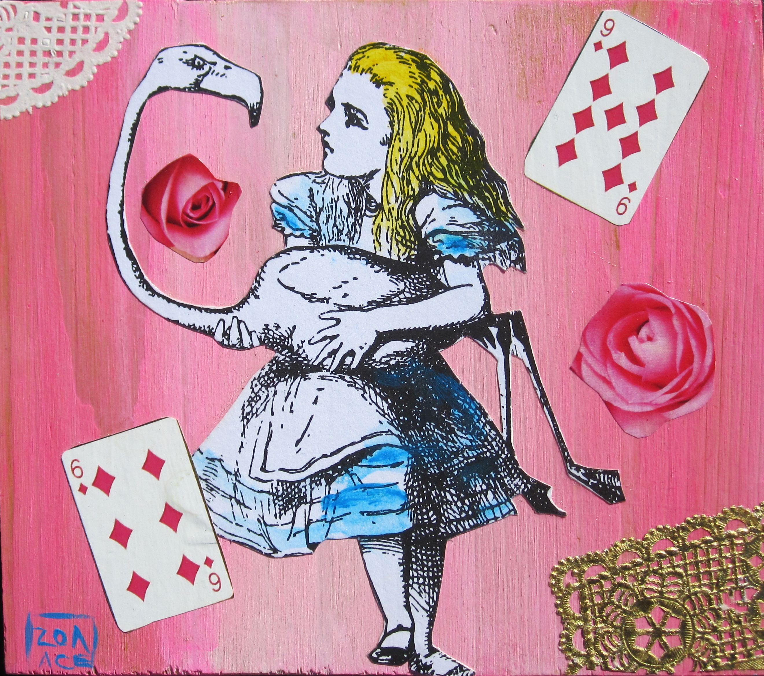 Figurative Painting di Zoa Ace - "Alice con fenicottero", collage su legno, Alice nel Paese delle Meraviglie