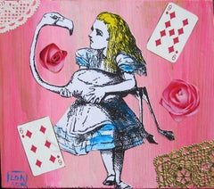 "Alice avec le flamant, Collage sur bois, Alice au pays des merveilles
