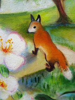 "Apple Orchard with Foxes, " Oil Painting