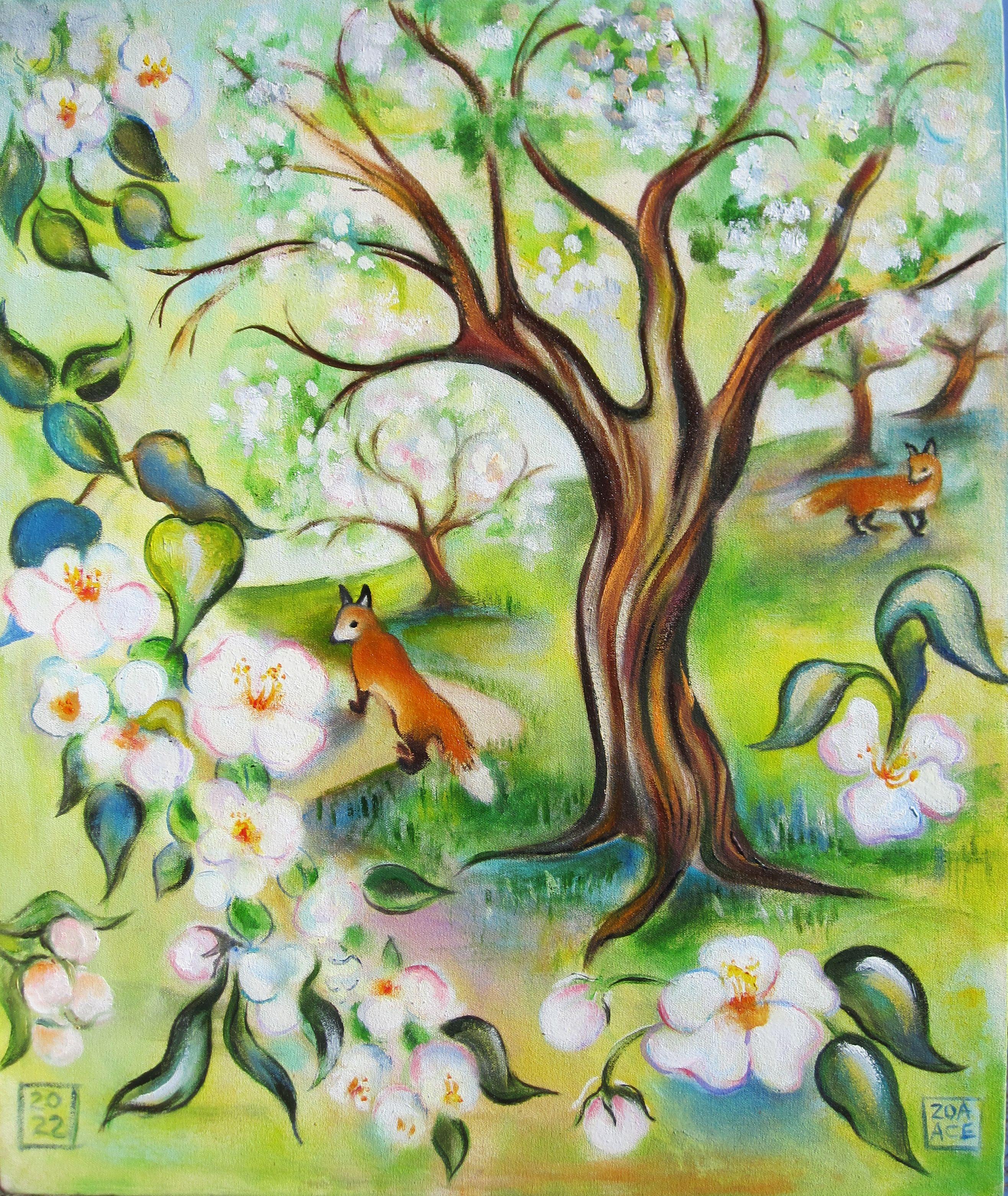 Zoa Ace Landscape Painting - "Apple Orchard with Foxes, " Oil Painting
