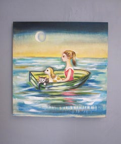 Bon Voyage, 2026 - Contemporary Woman, Dog, Cat, Boat, Moonlit Water Painting