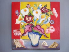 "Bouquet with Parakeets" - Contemporary Floral Still-Life Oil Painting