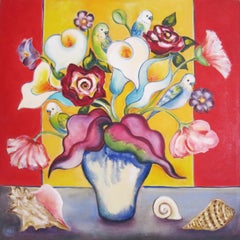 "Bouquet with Parakeets" - Contemporary Floral Still-Life Oil Painting