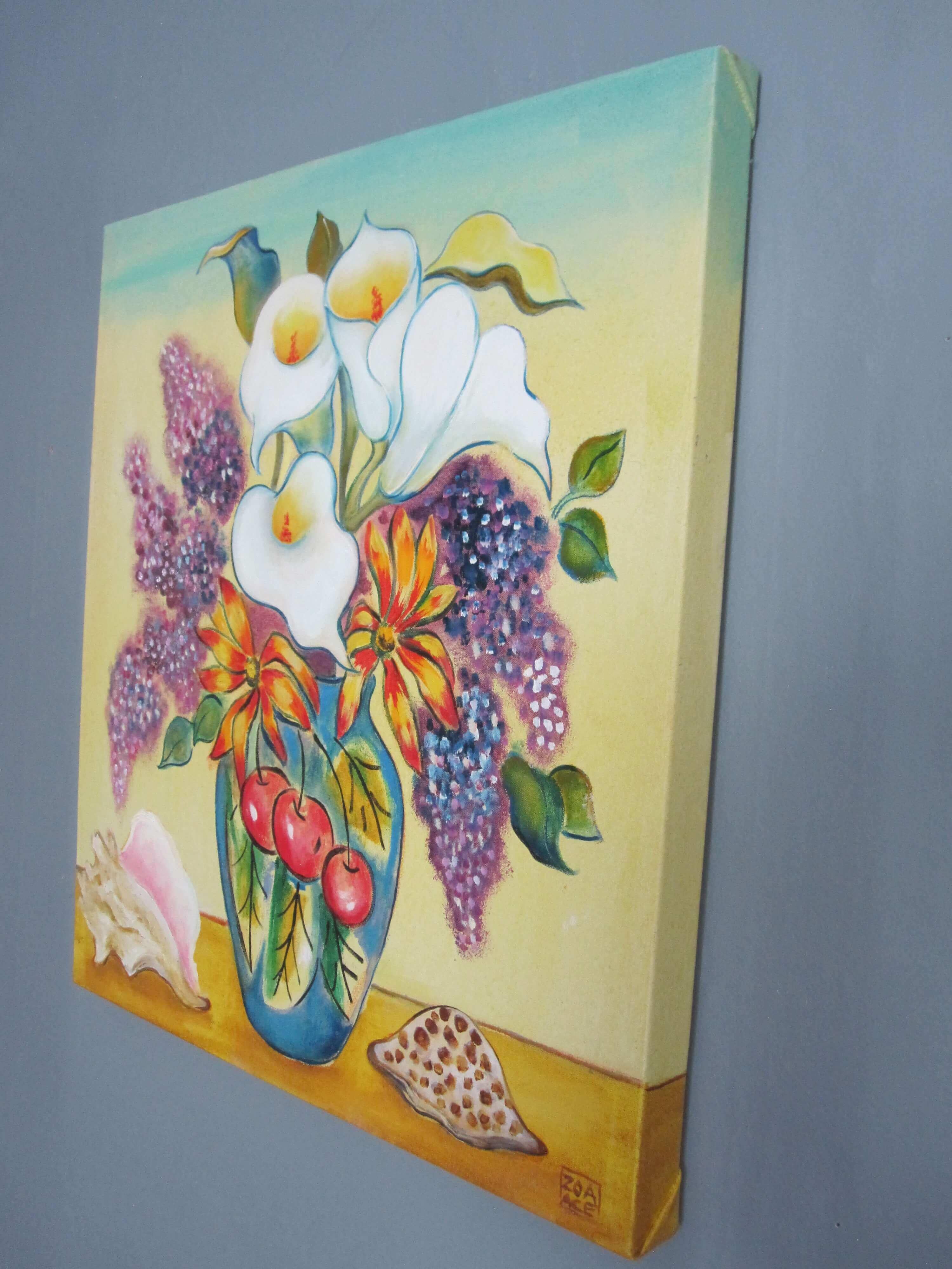 „Calla Lilien & Flieder“, farbenfrohes Stillleben, Ölgemälde mit Blumenstrauß (Zeitgenössisch), Painting, von Zoa Ace