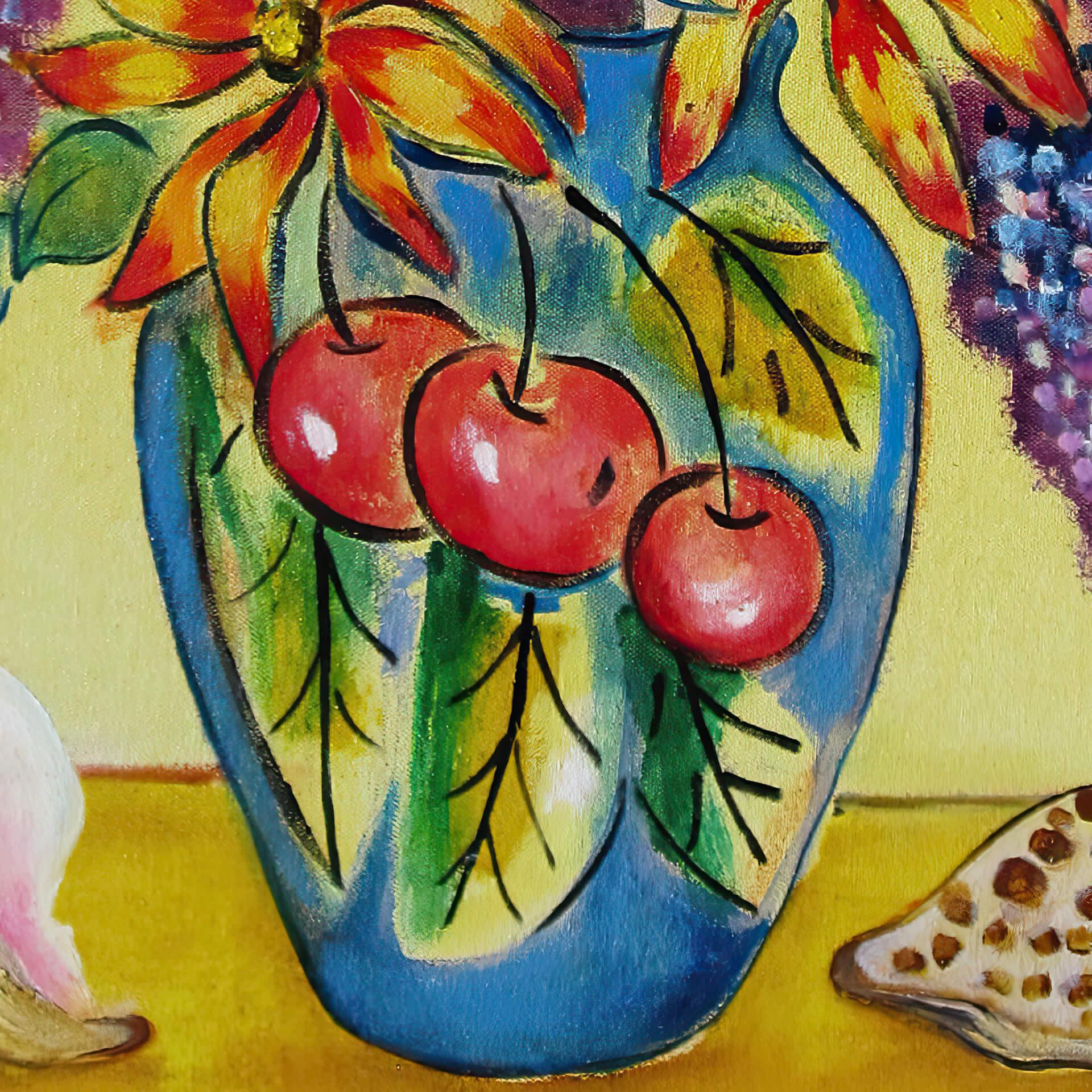 „Calla Lilien & Flieder“, farbenfrohes Stillleben, Ölgemälde mit Blumenstrauß (Beige), Still-Life Painting, von Zoa Ace
