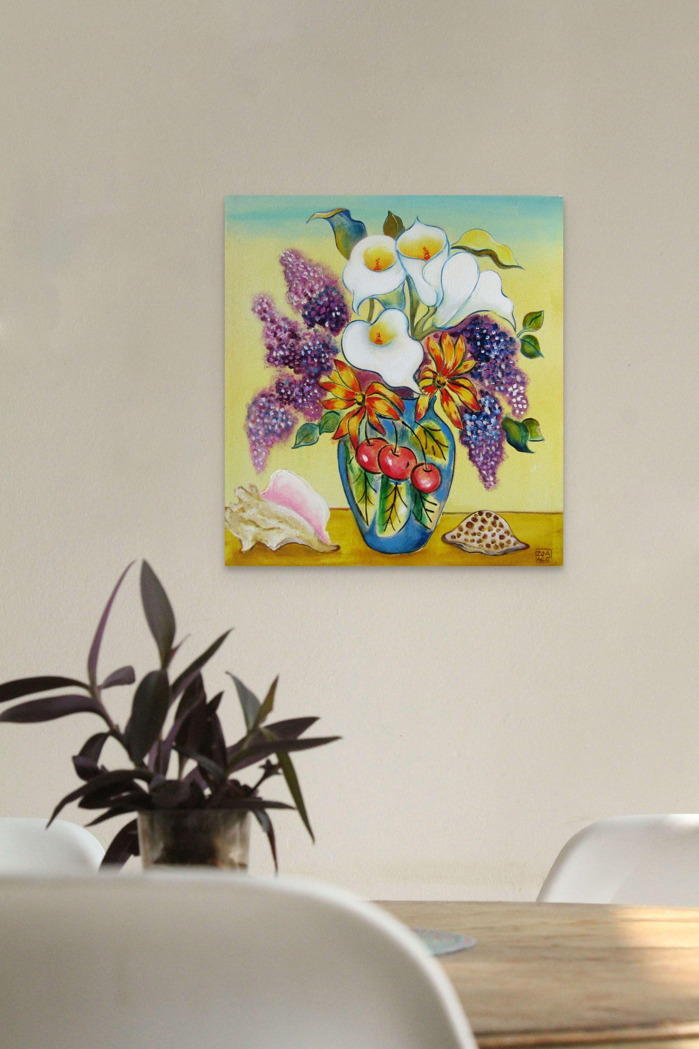 „Calla Lilien & Flieder“, farbenfrohes Stillleben, Ölgemälde mit Blumenstrauß im Angebot 3