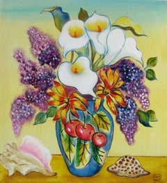"Lirios de cala y lilas", Pintura al óleo de naturaleza muerta colorida con ramo de flores