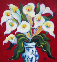 "Lirios de cala", pintura al óleo de flores blancas con fondo rojo