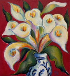 « Calla Lilies », peinture à l'huile de Zoa Ace, Calla Lilies blanches dans une jarre blanche