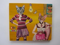"Señoras gato" (2024) de Zoa Ace, collage original de técnica mixta sobre madera