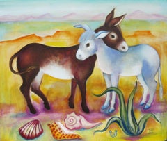 "Compañeros", pintura al óleo de Zoa Ace,  Dos burros con conchas