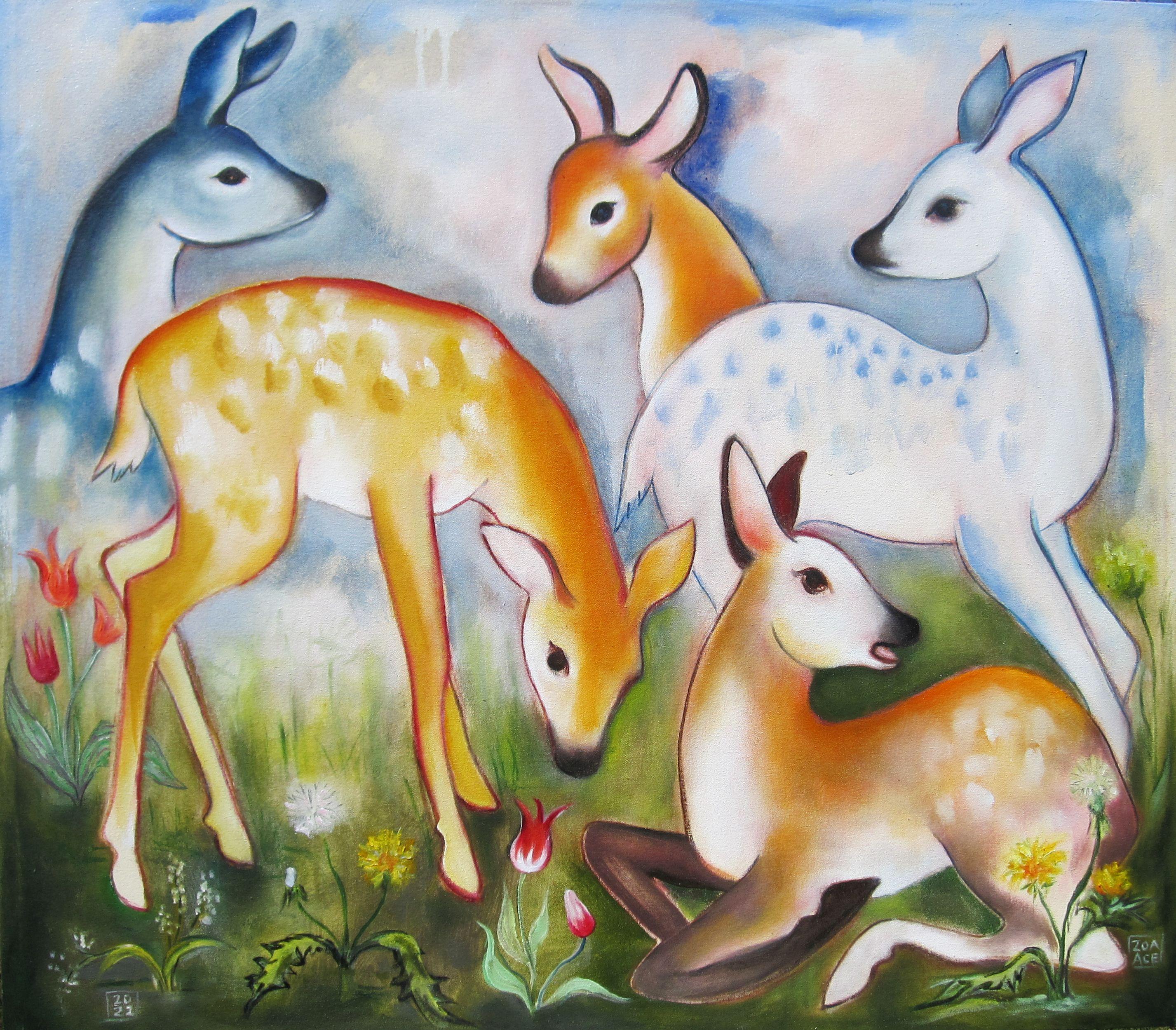 Figurative Painting de Zoa Ace - "Cervatillos del bosque", Pintura al óleo
