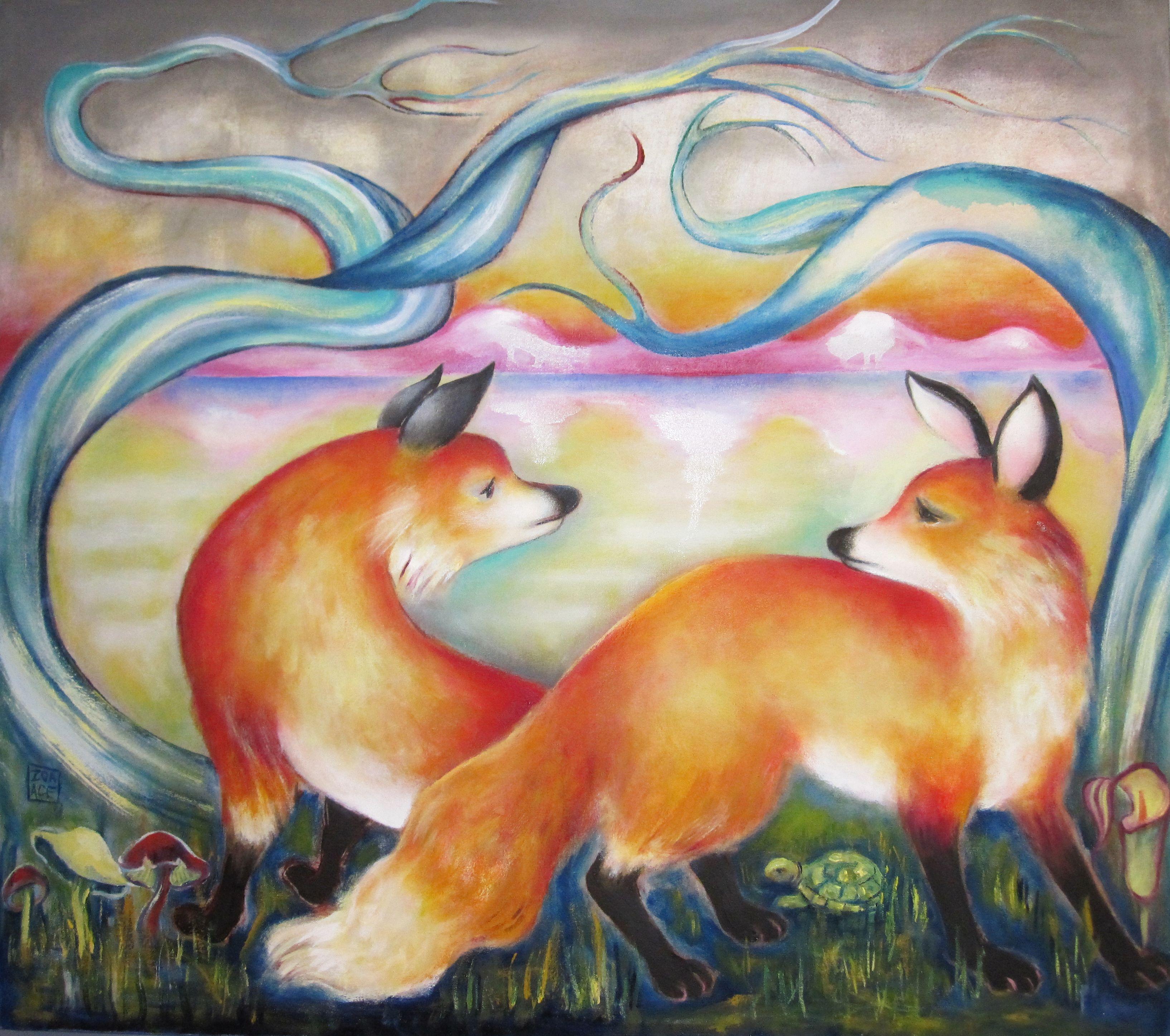 L'opera "Fox Lake" di Zoa Ace (Stati Uniti) è un dipinto a olio originale e fatto a mano che ritrae due volpi rosse sulla riva di un lago con montagne rosa in lontananza. L'opera è su tela tesa con rivestimento in galleria ed è pronta per essere