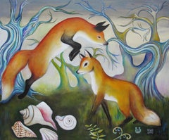 "Foxes With Shells, " Oil Painting by Zoa Ace,  Two Red Foxes