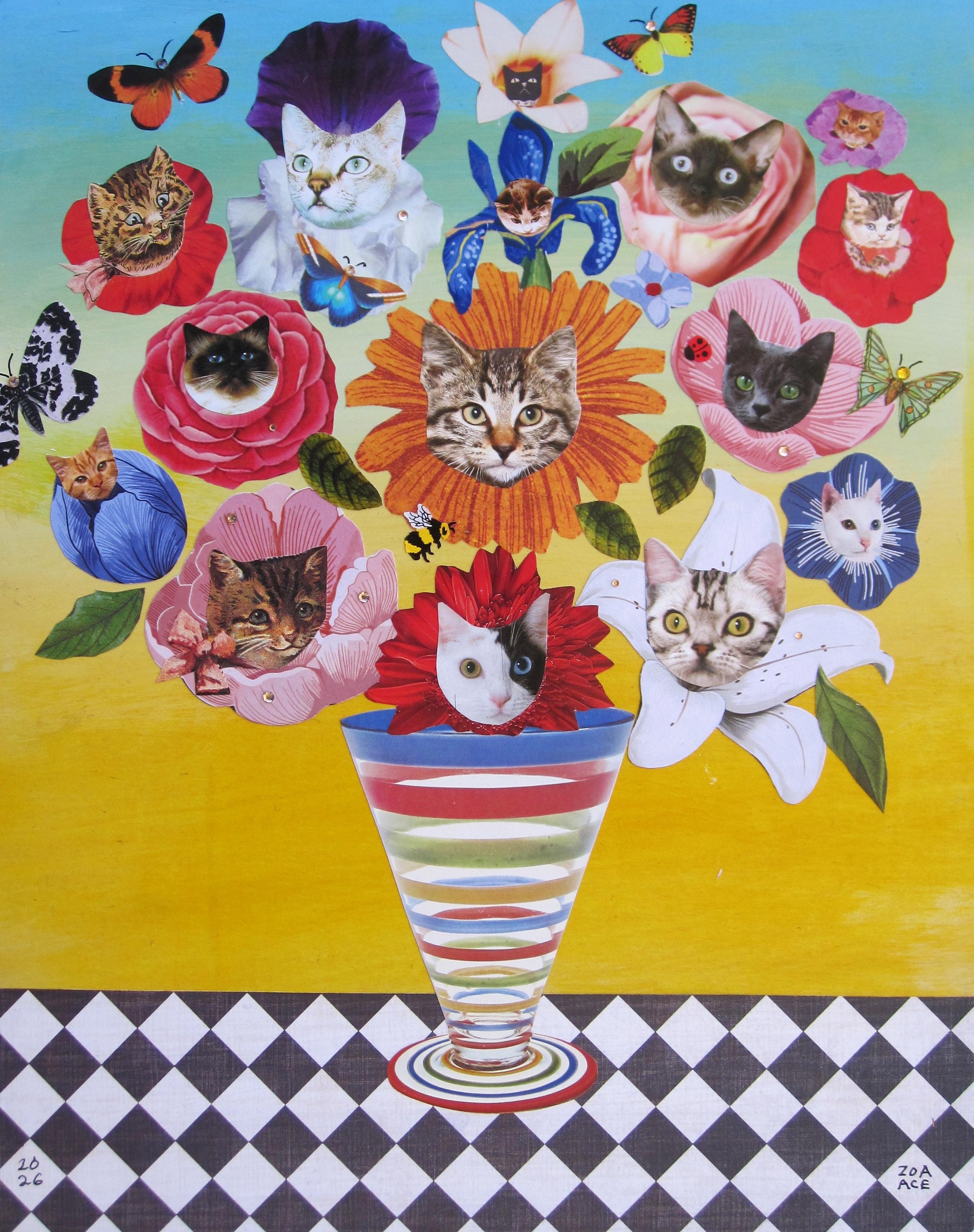 "Kitten Bouquet" - Contemporary Mixed-Media Collage on Wood