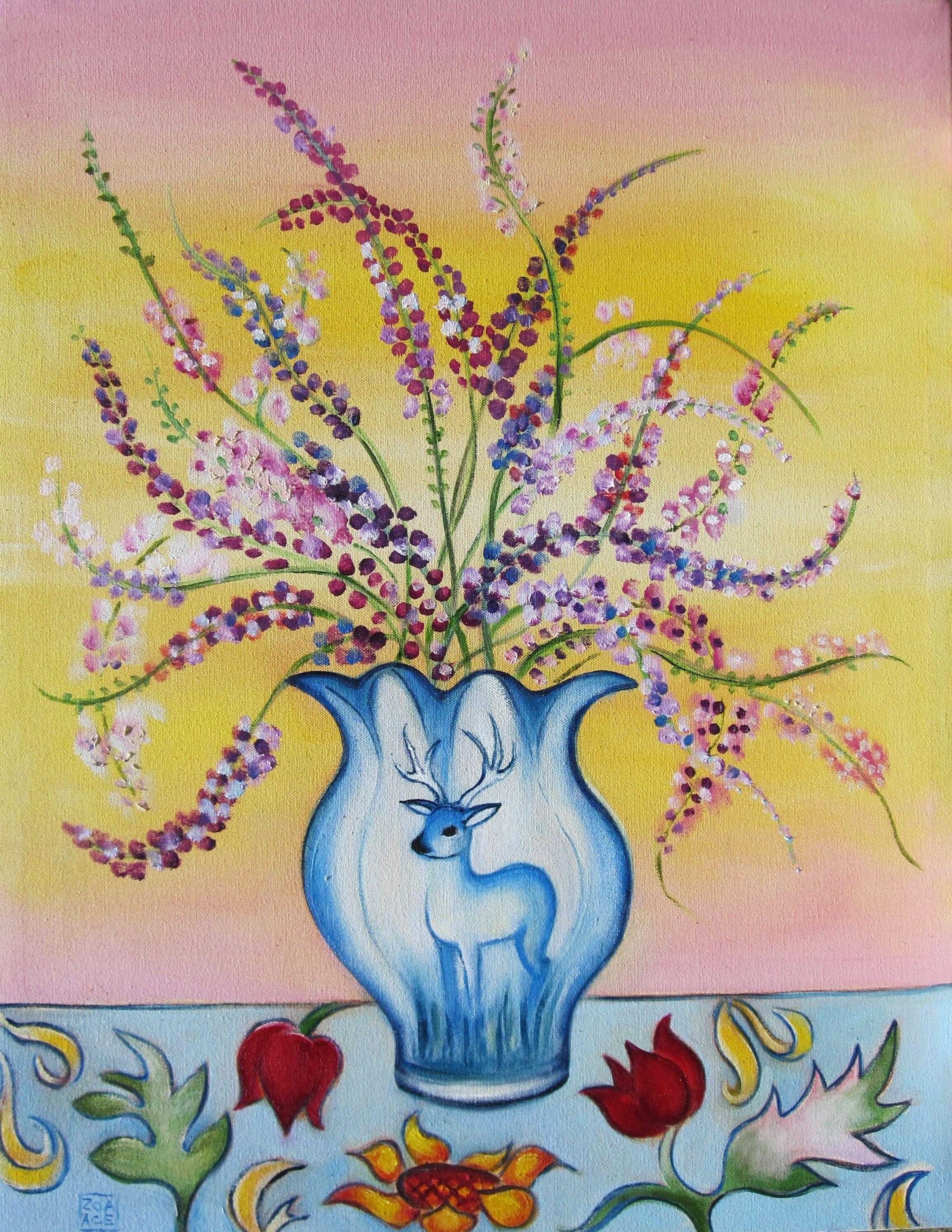 Zoa Ace Animal Painting - "Lavender in a Deer Vase" Oil Painting