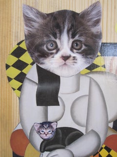 "Gatti letterari", collage su legno di Zoa Ace, Gatto e gattino