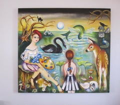 Lost Lagoon, 2025 - Figurative Woman and girl by lagoon with animals Painting