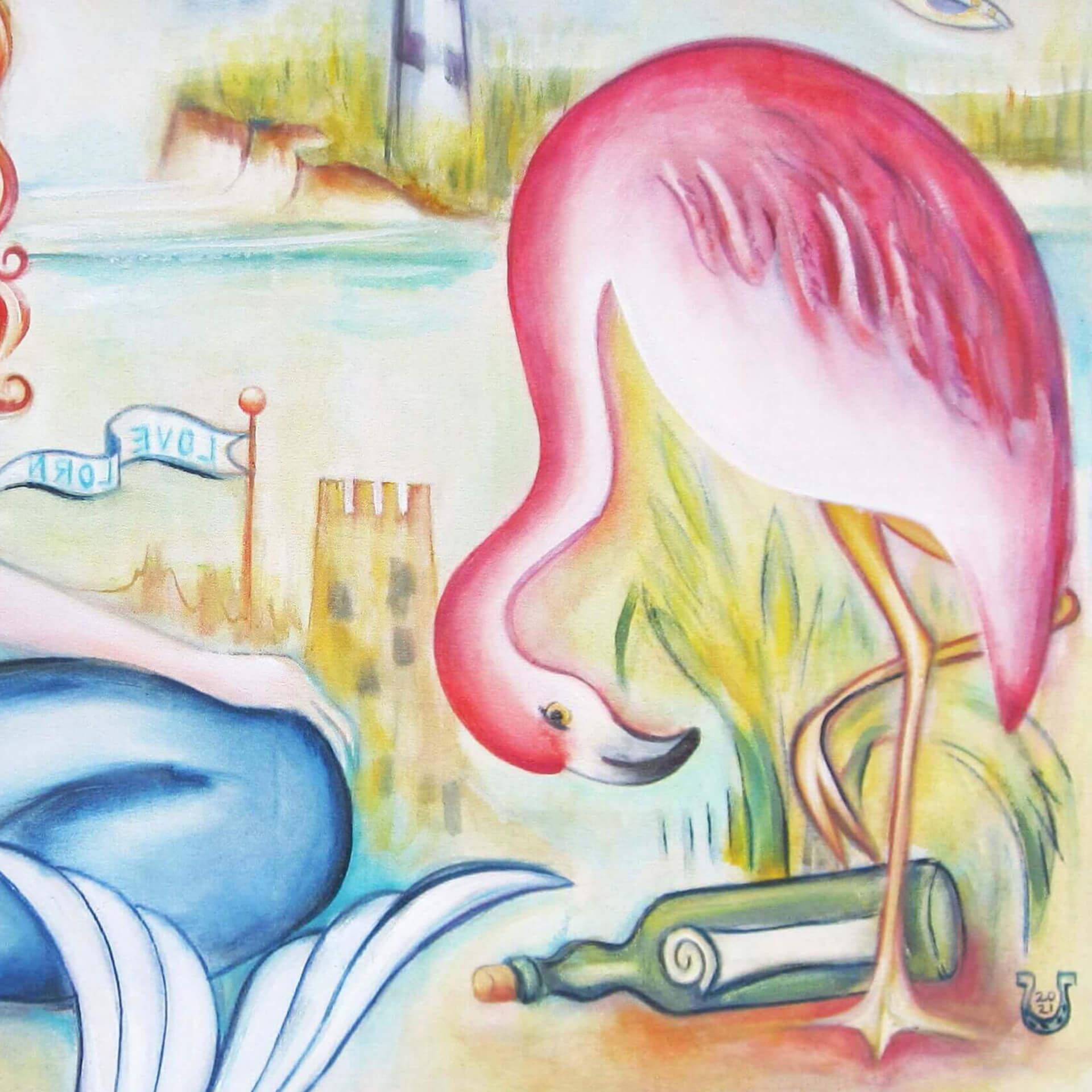 Surreales figuratives Ölgemälde mit Meerjungfrau und Flamingo, Love Lorn – Painting von Zoa Ace