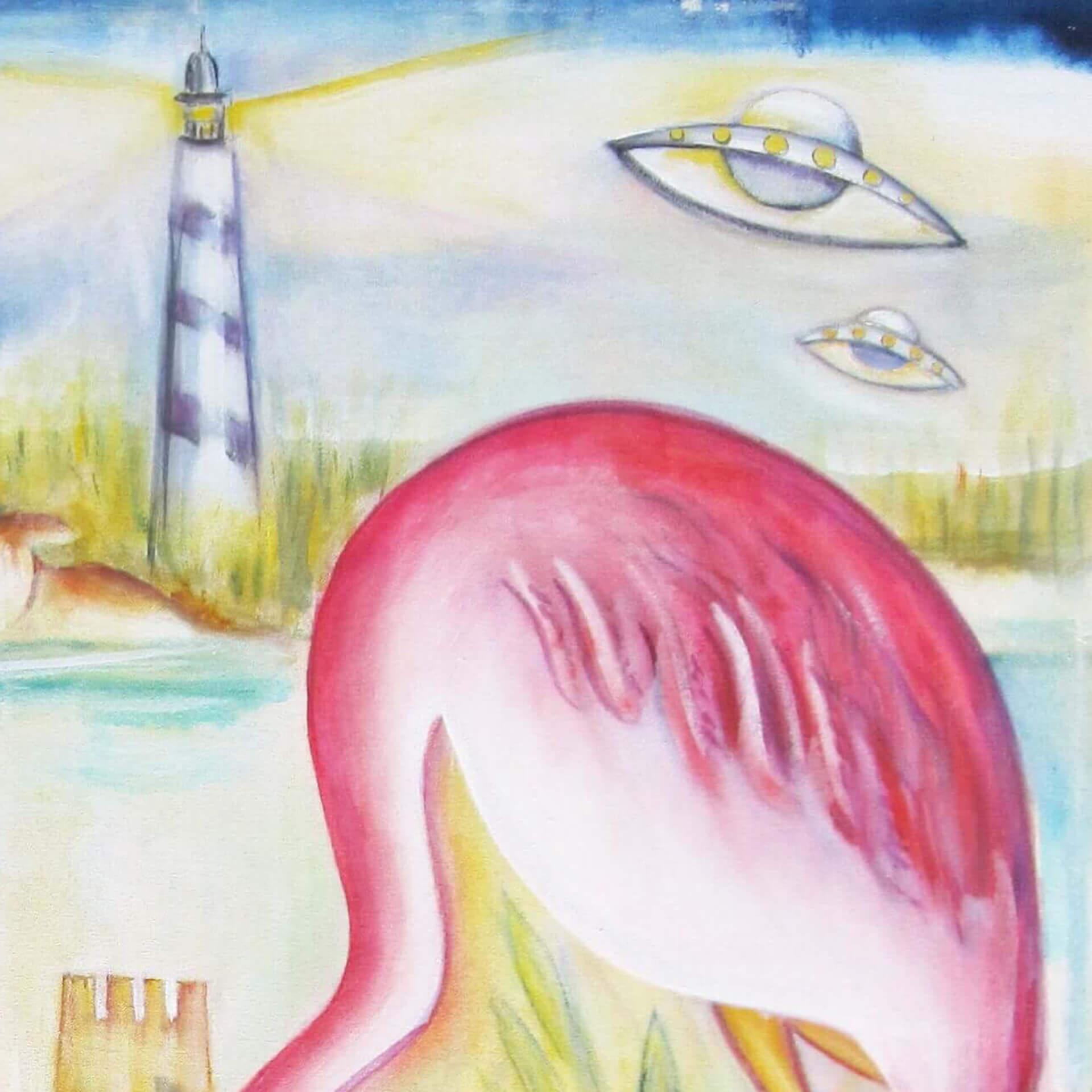 Surreales figuratives Ölgemälde mit Meerjungfrau und Flamingo, Love Lorn (Zeitgenössisch), Painting, von Zoa Ace