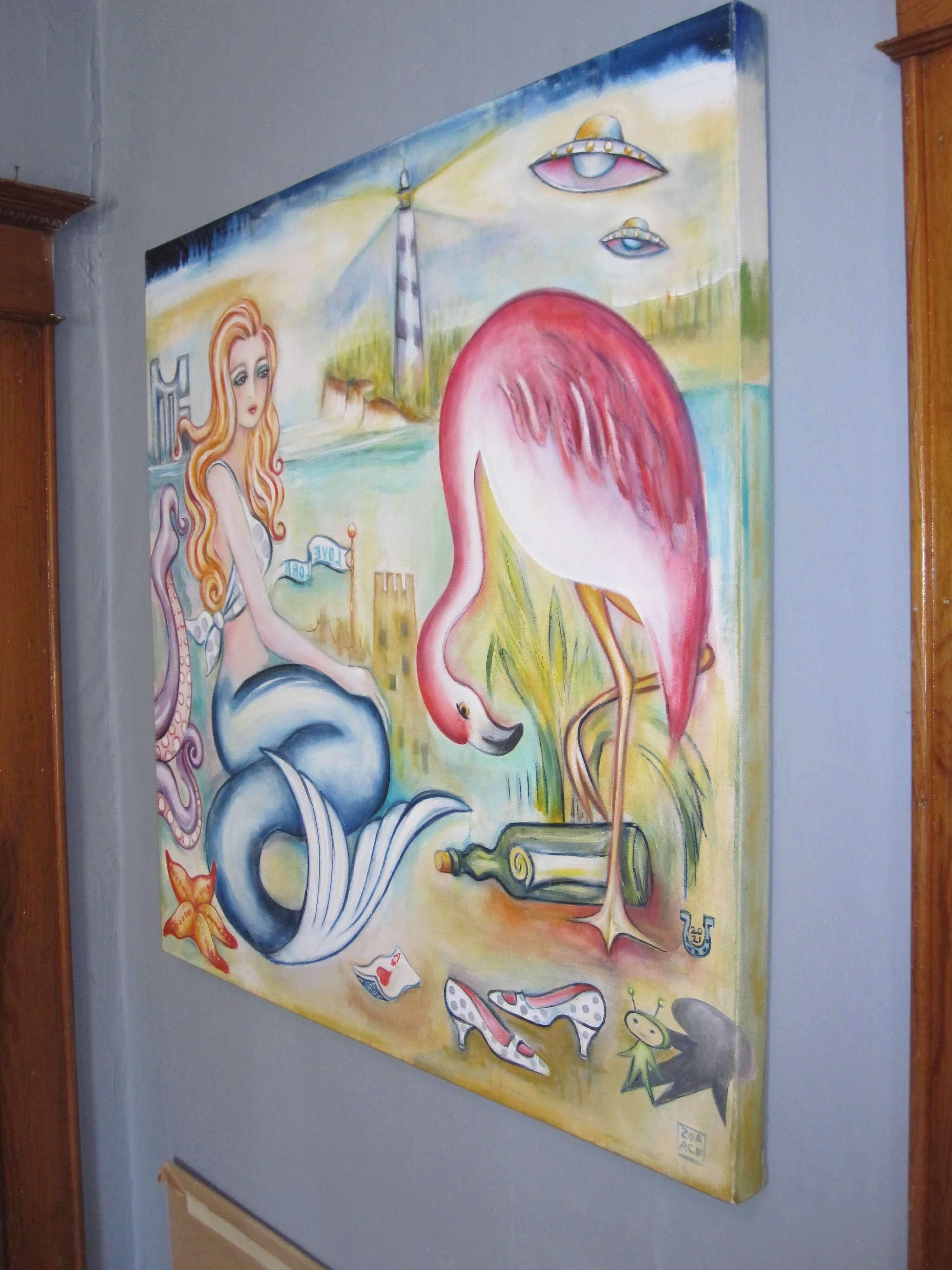 Surreales figuratives Ölgemälde mit Meerjungfrau und Flamingo, Love Lorn (Grau), Interior Painting, von Zoa Ace