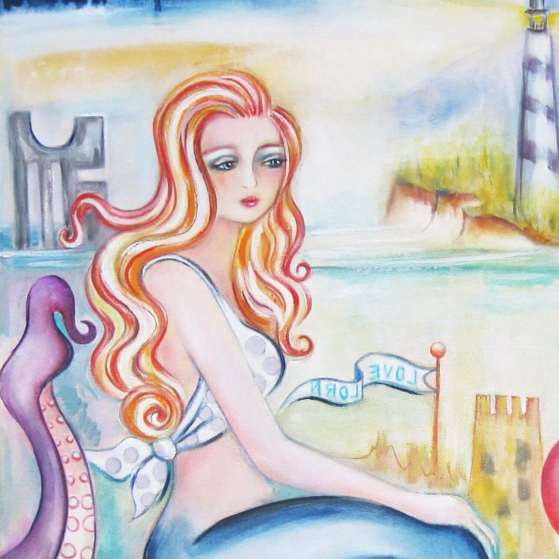 Surreales figuratives Ölgemälde mit Meerjungfrau und Flamingo, Love Lorn im Angebot 1