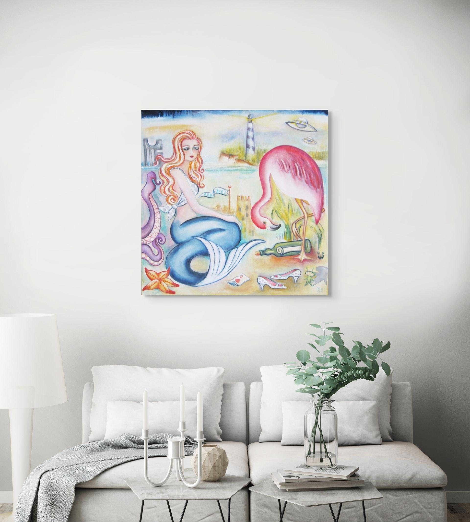 Surreales figuratives Ölgemälde mit Meerjungfrau und Flamingo, Love Lorn im Angebot 2