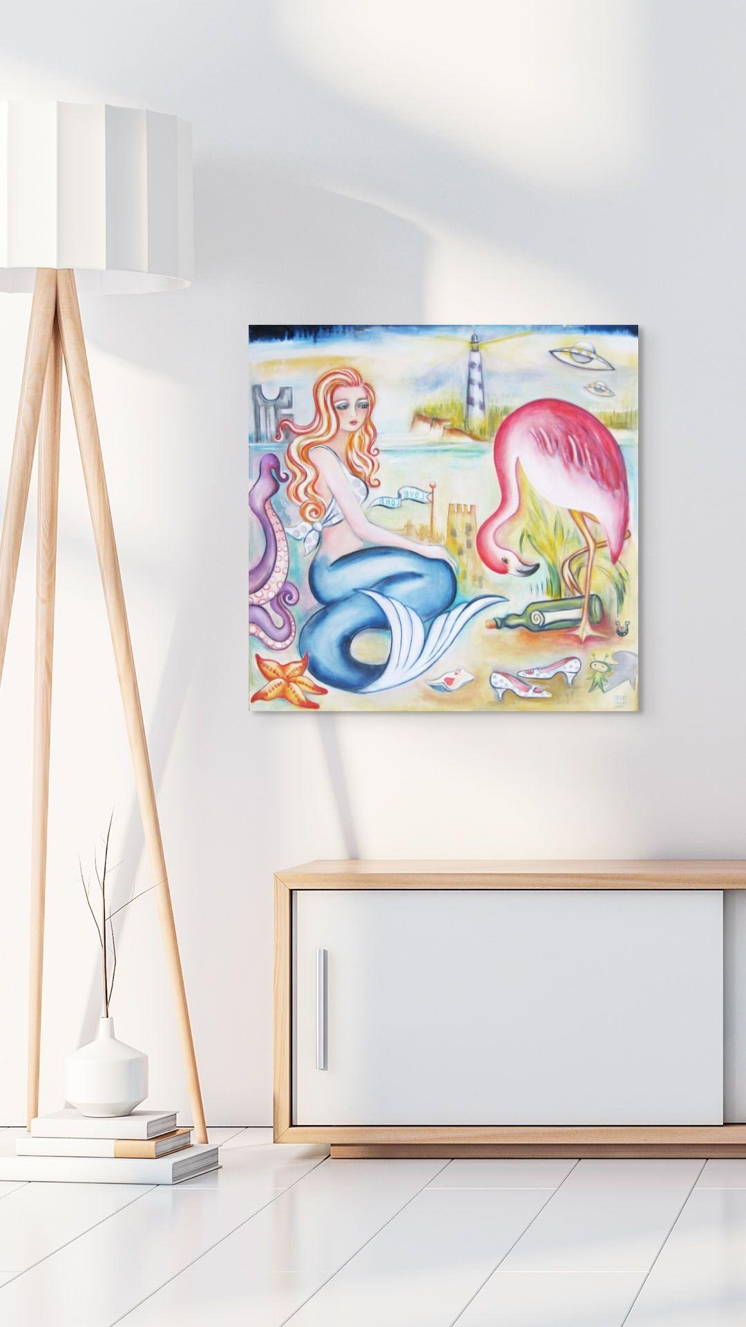 Surreales figuratives Ölgemälde mit Meerjungfrau und Flamingo, Love Lorn im Angebot 3