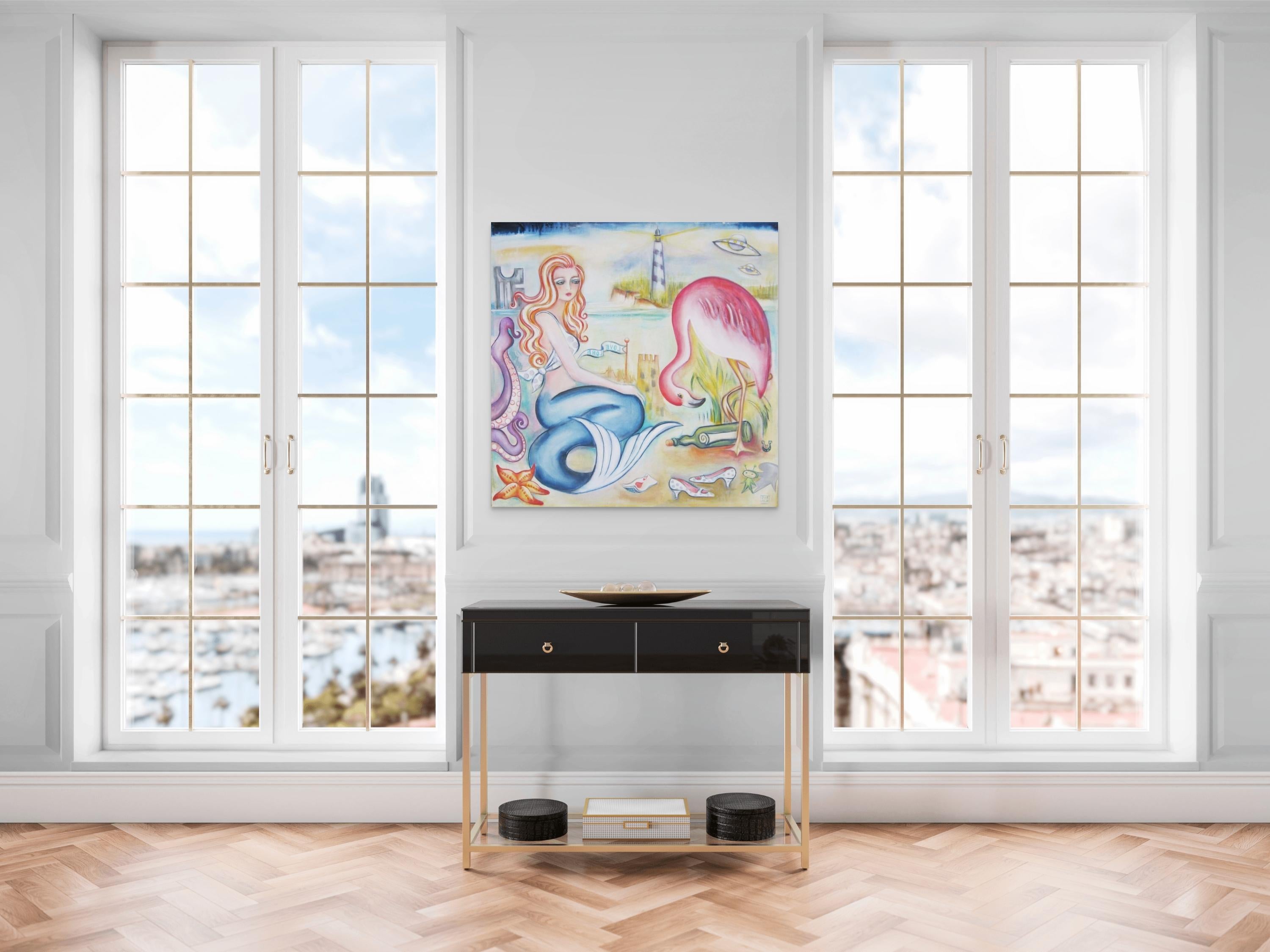 Surreales figuratives Ölgemälde mit Meerjungfrau und Flamingo, Love Lorn im Angebot 4
