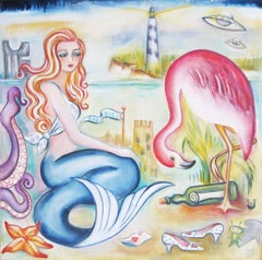 "Love Lorn", Pintura al óleo figurativa surrealista con sirena y flamenco