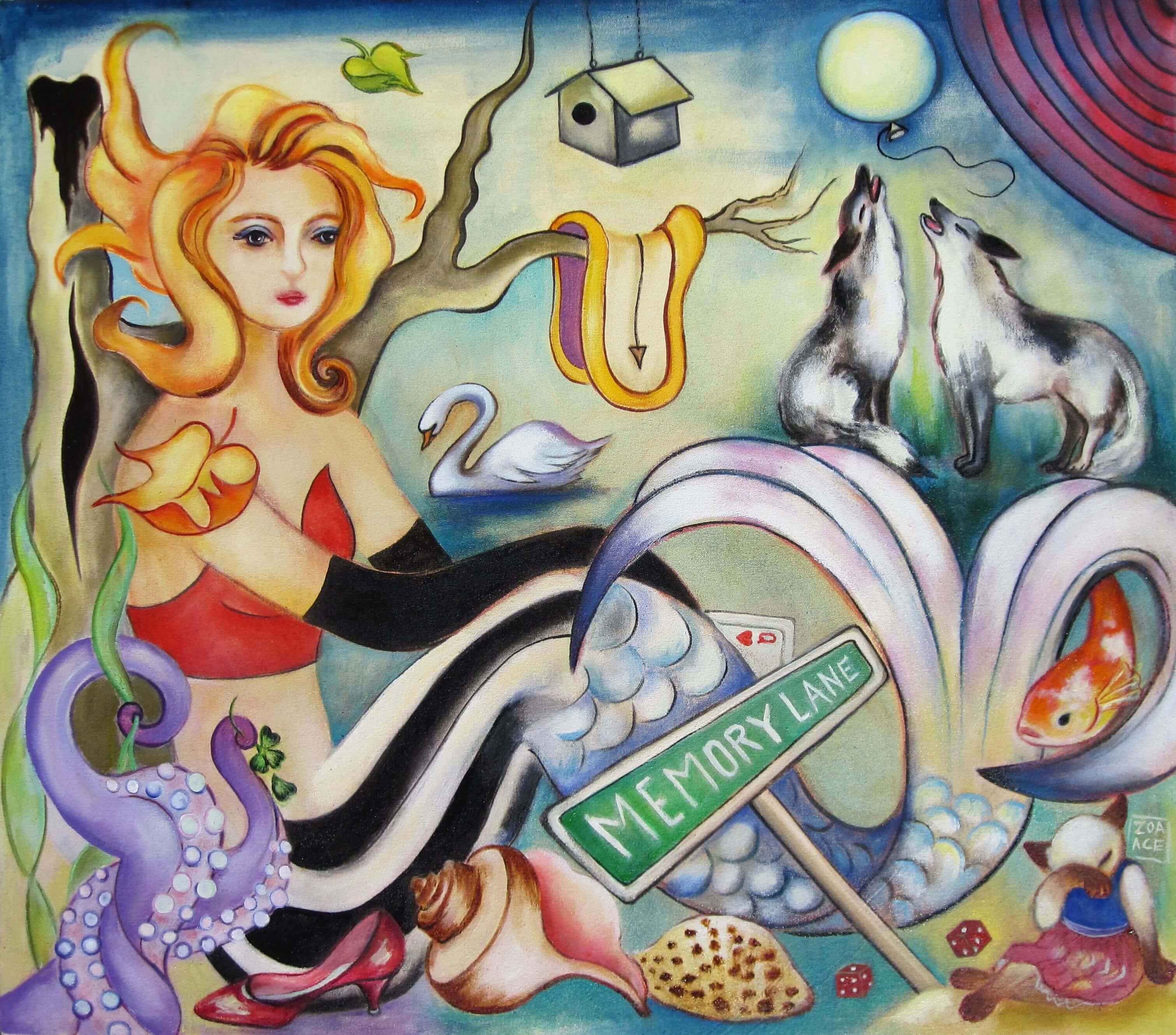 « Memory Lane », huile surréaliste avec figure féminine, cygnes et images symboliques
