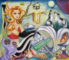 "Memory Lane", óleo surrealista con figura femenina, lobos e imágenes simbólicas