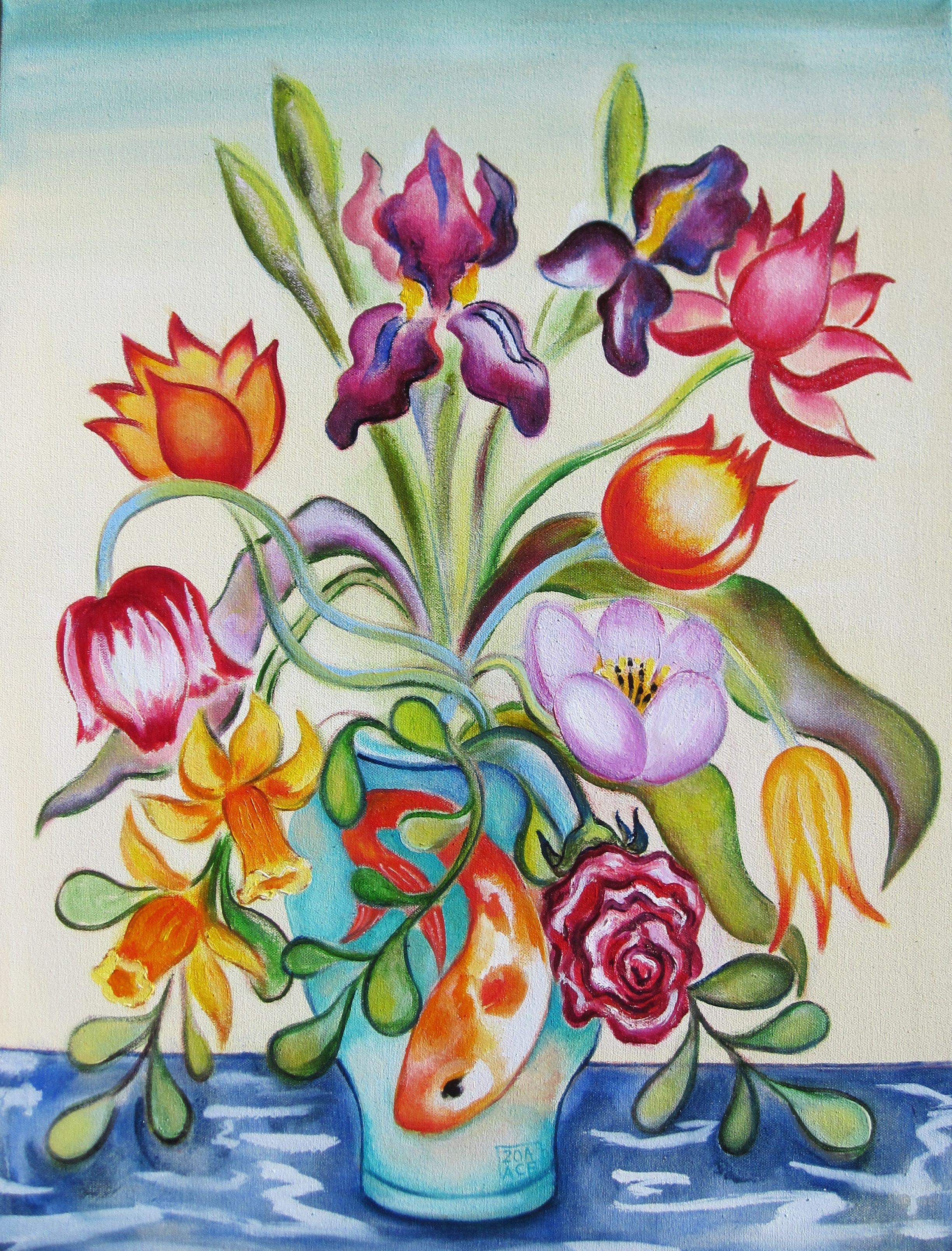 Zoa Ace Animal Painting - "Mixed Bouquet in a Fish Vase" Oil Painting