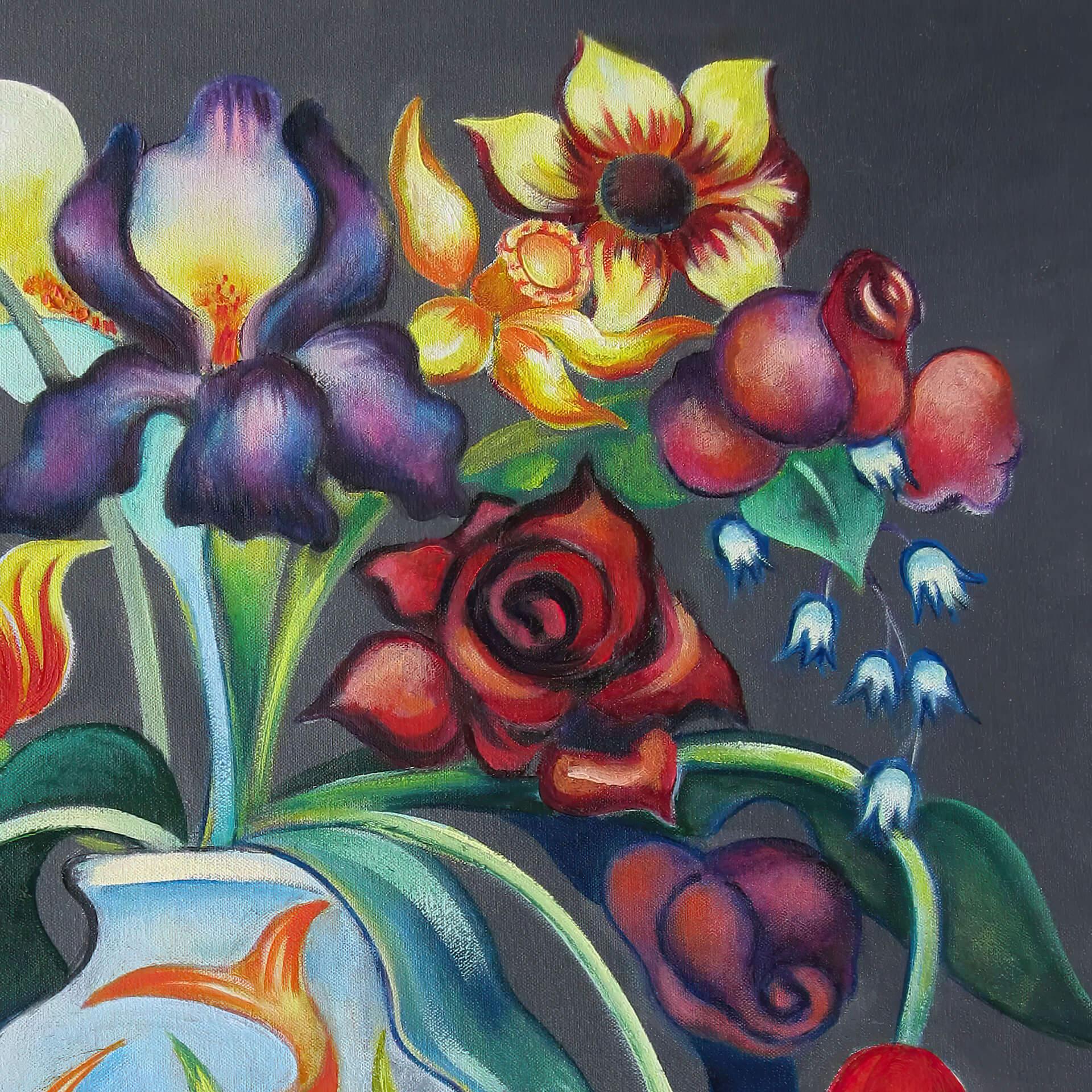 „Mixed Bouquet in a Fish Vase“ Leuchtend lebhaftes florales Ölgemälde mit Goldfisch in Vase (Schwarz), Animal Painting, von Zoa Ace