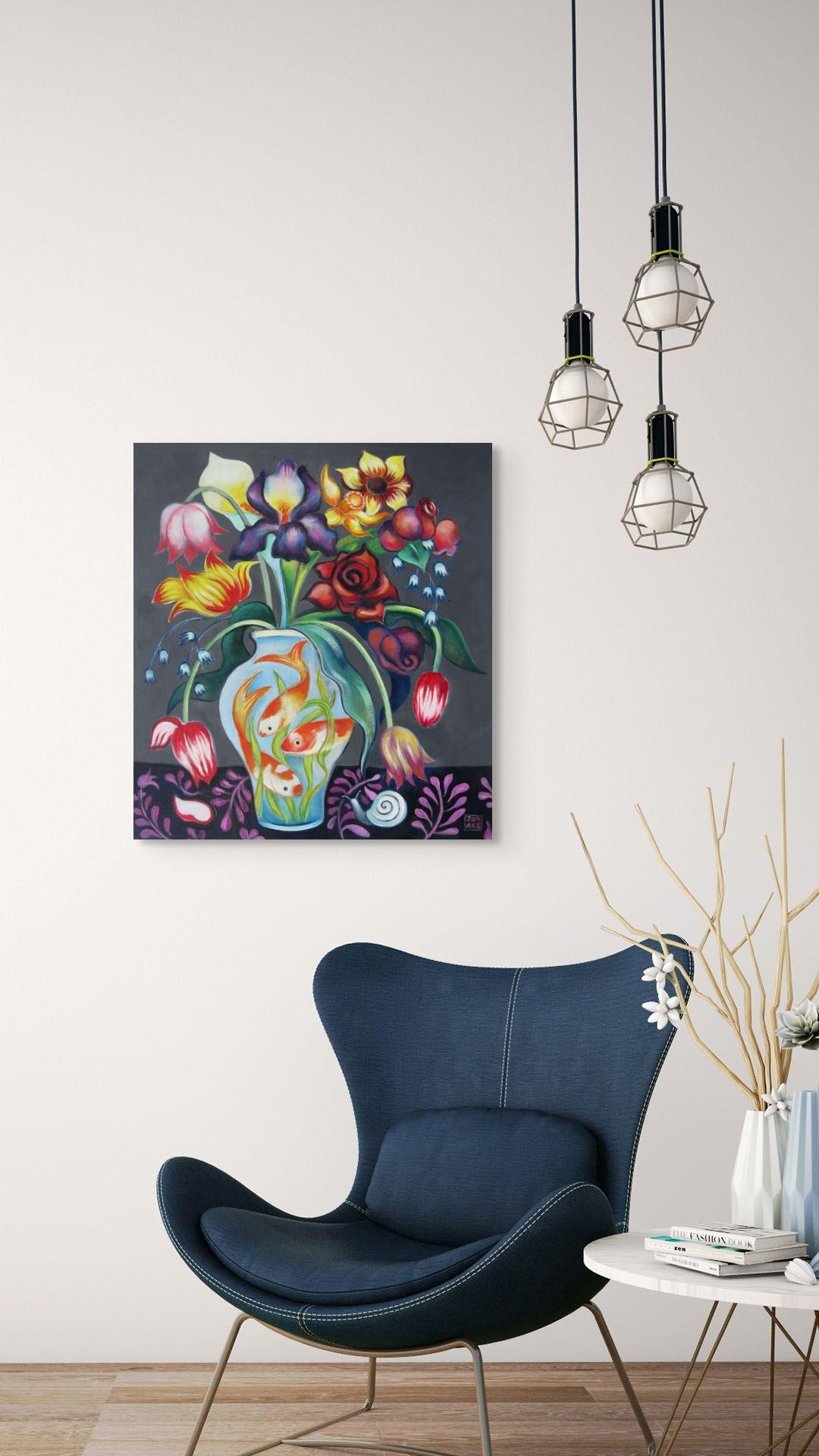 „Mixed Bouquet in a Fish Vase“ Leuchtend lebhaftes florales Ölgemälde mit Goldfisch in Vase im Angebot 3