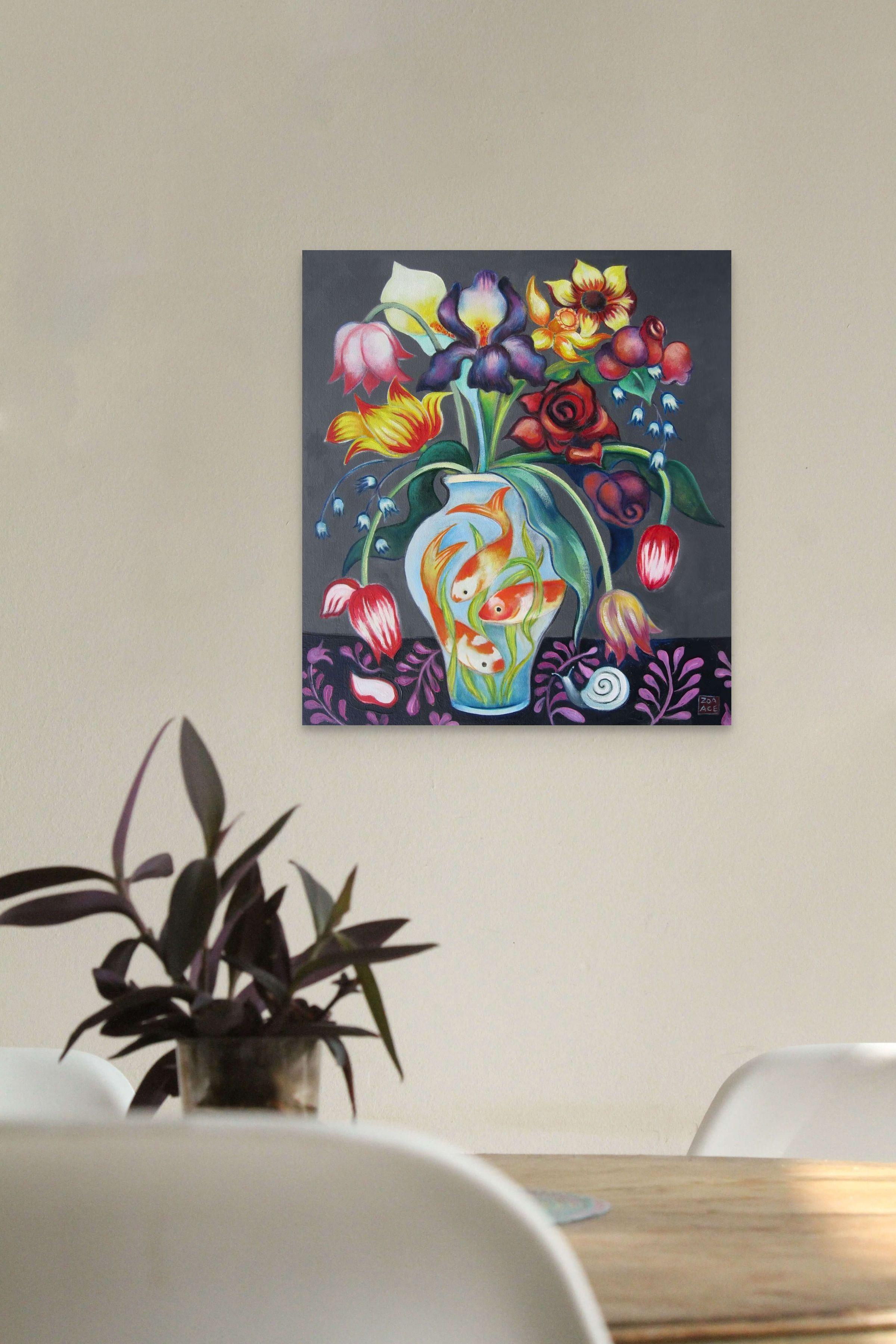 „Mixed Bouquet in a Fish Vase“ Leuchtend lebhaftes florales Ölgemälde mit Goldfisch in Vase im Angebot 4