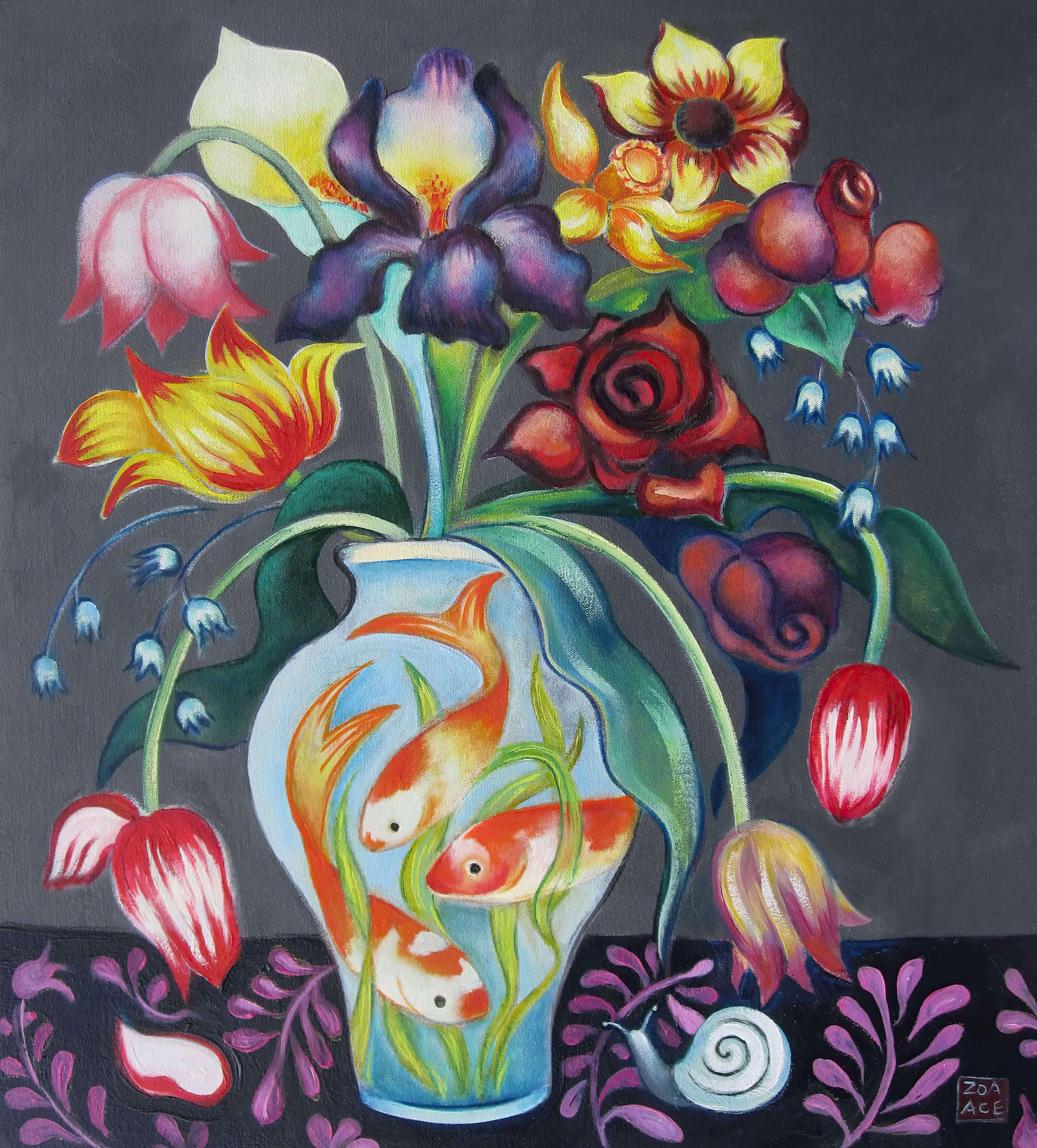 "Ramo mixto en un jarrón de peces" Pintura al óleo floral vibrante con peces de colores en un jarrón