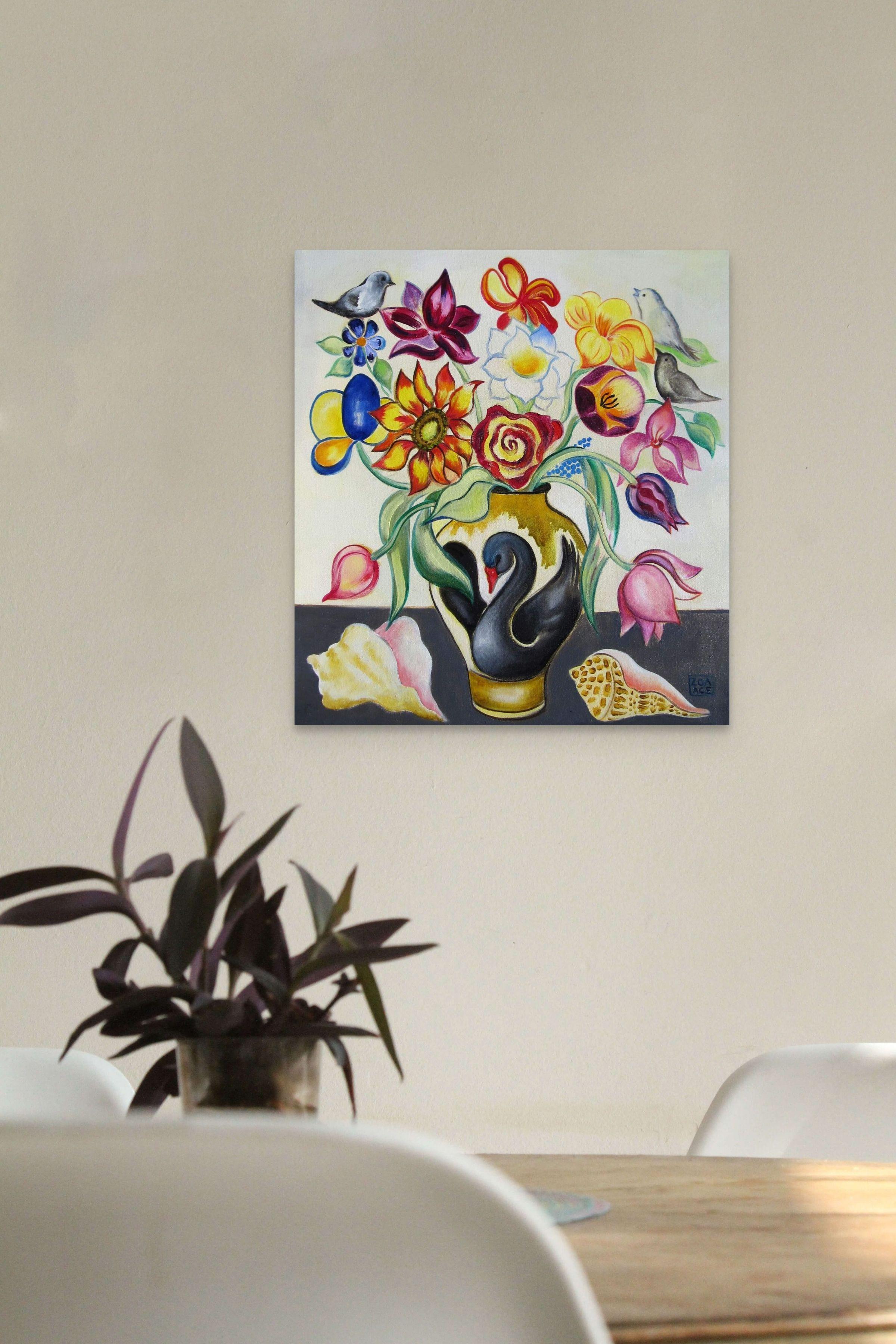 „Mixed Bouquet mit Muscheln“, skurriles Ölgemälde von Blumen, Vögeln und Meereslandschaften im Angebot 5