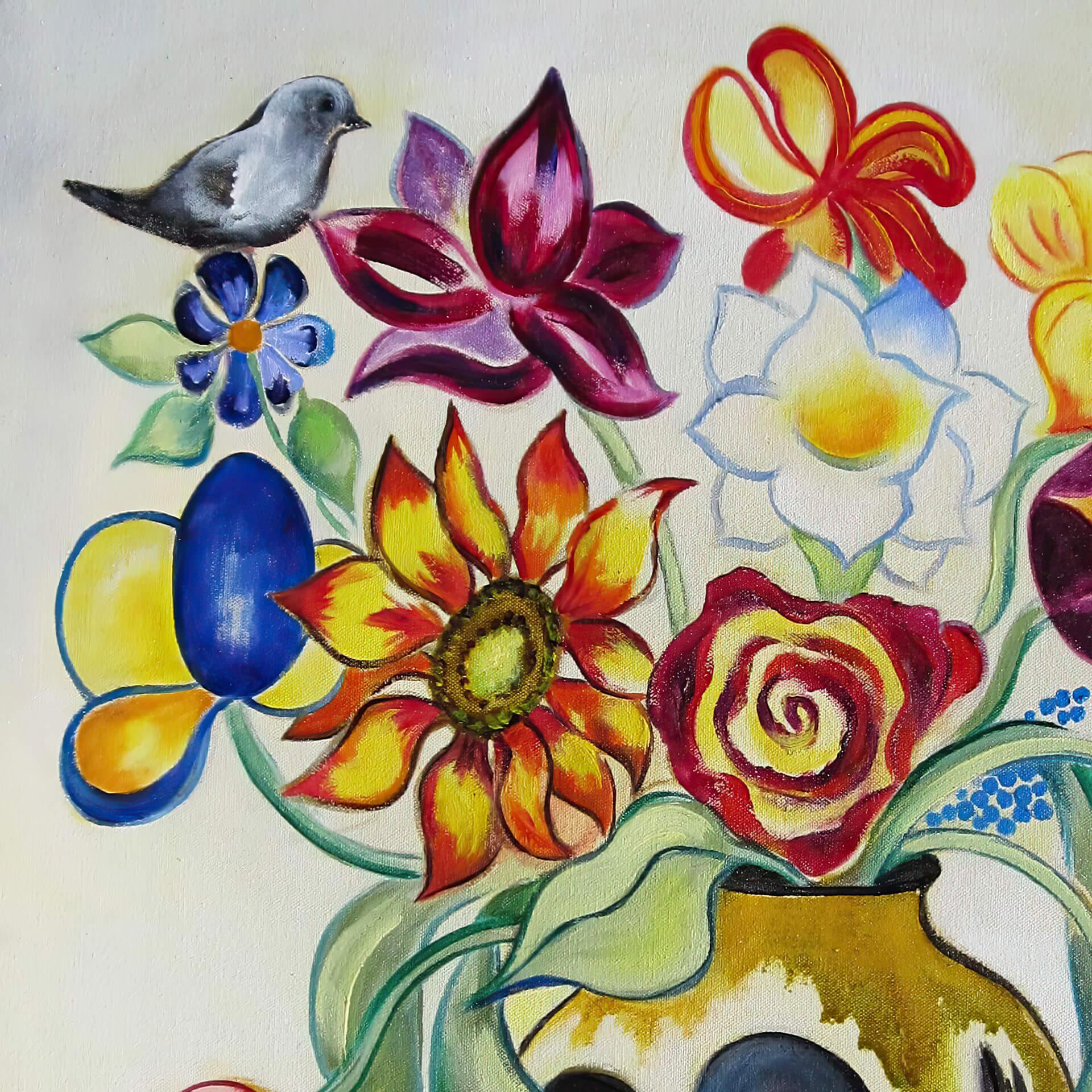 „Mixed Bouquet mit Muscheln“, skurriles Ölgemälde von Blumen, Vögeln und Meereslandschaften – Painting von Zoa Ace