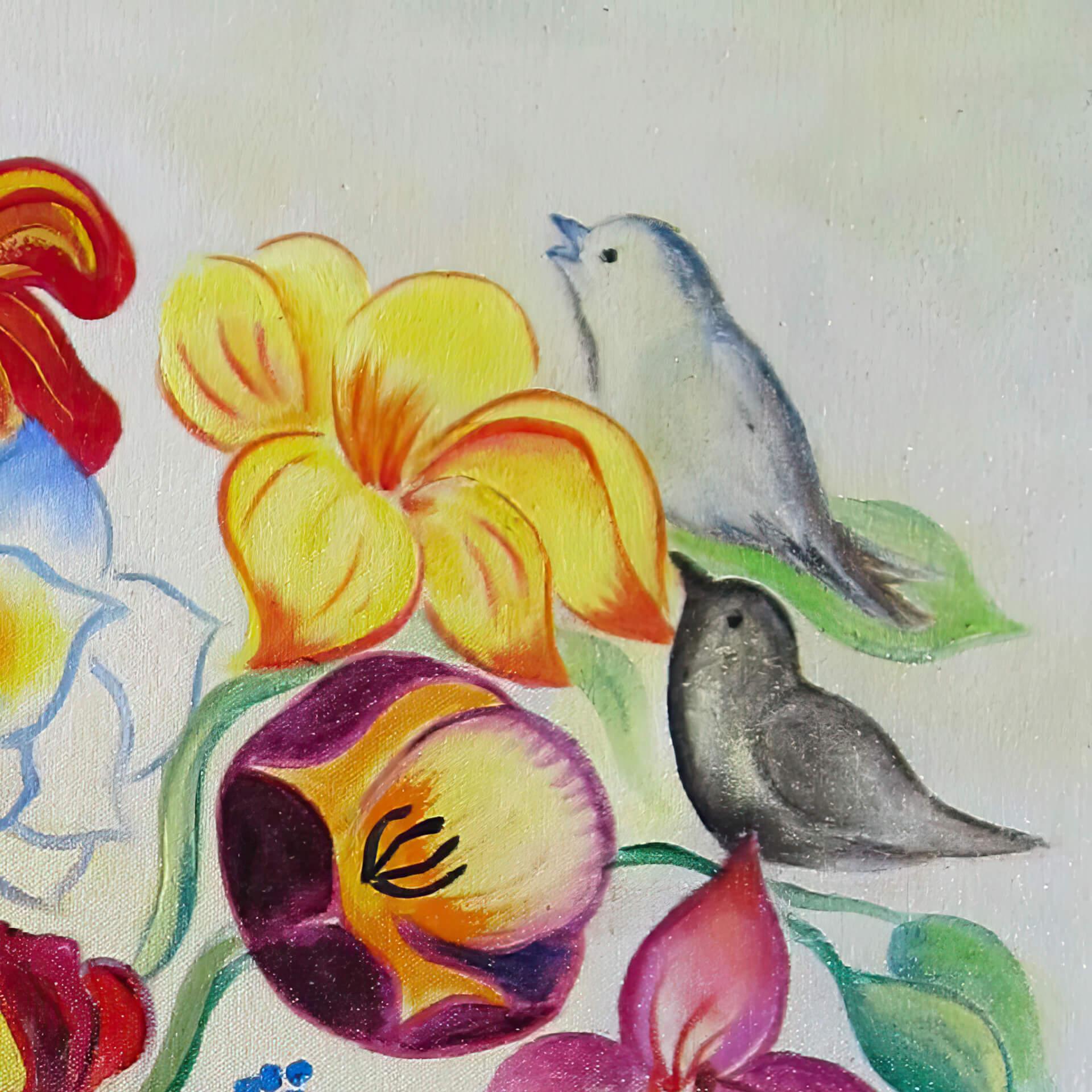 „Mixed Bouquet mit Muscheln“, skurriles Ölgemälde von Blumen, Vögeln und Meereslandschaften im Angebot 2