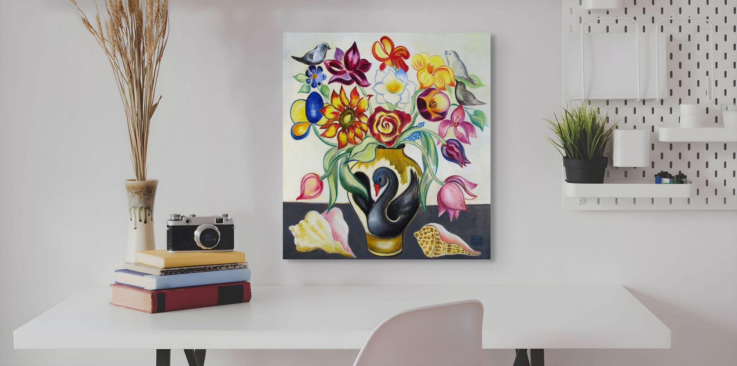 „Mixed Bouquet mit Muscheln“, skurriles Ölgemälde von Blumen, Vögeln und Meereslandschaften im Angebot 3